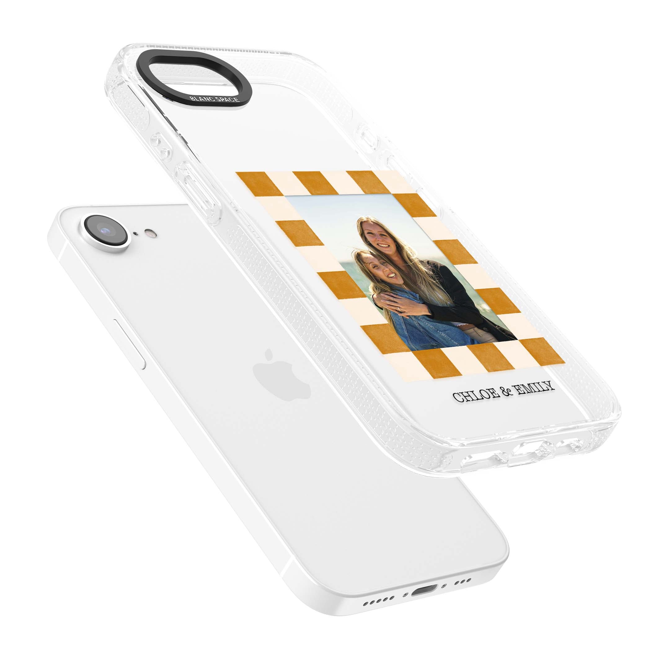 Citrus Check Photo personalised iPhone case with custom photo, orange checkered frame and names underneath | Clear Case Impact Air case for iPhone 16e, iPhone 17e