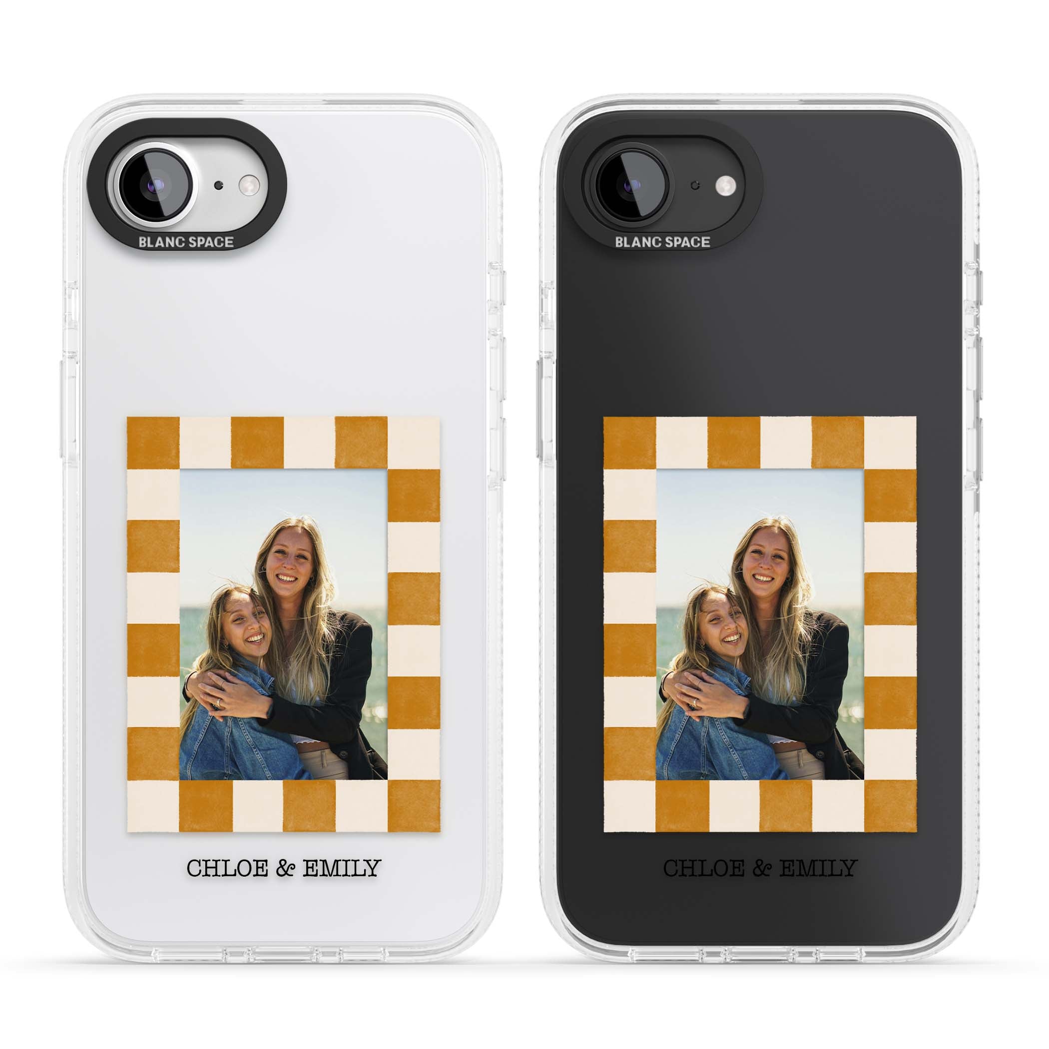 Citrus Check Photo personalised iPhone case with custom photo, orange checkered frame and names underneath | Clear Case Impact Air case for iPhone 16e, iPhone 17e