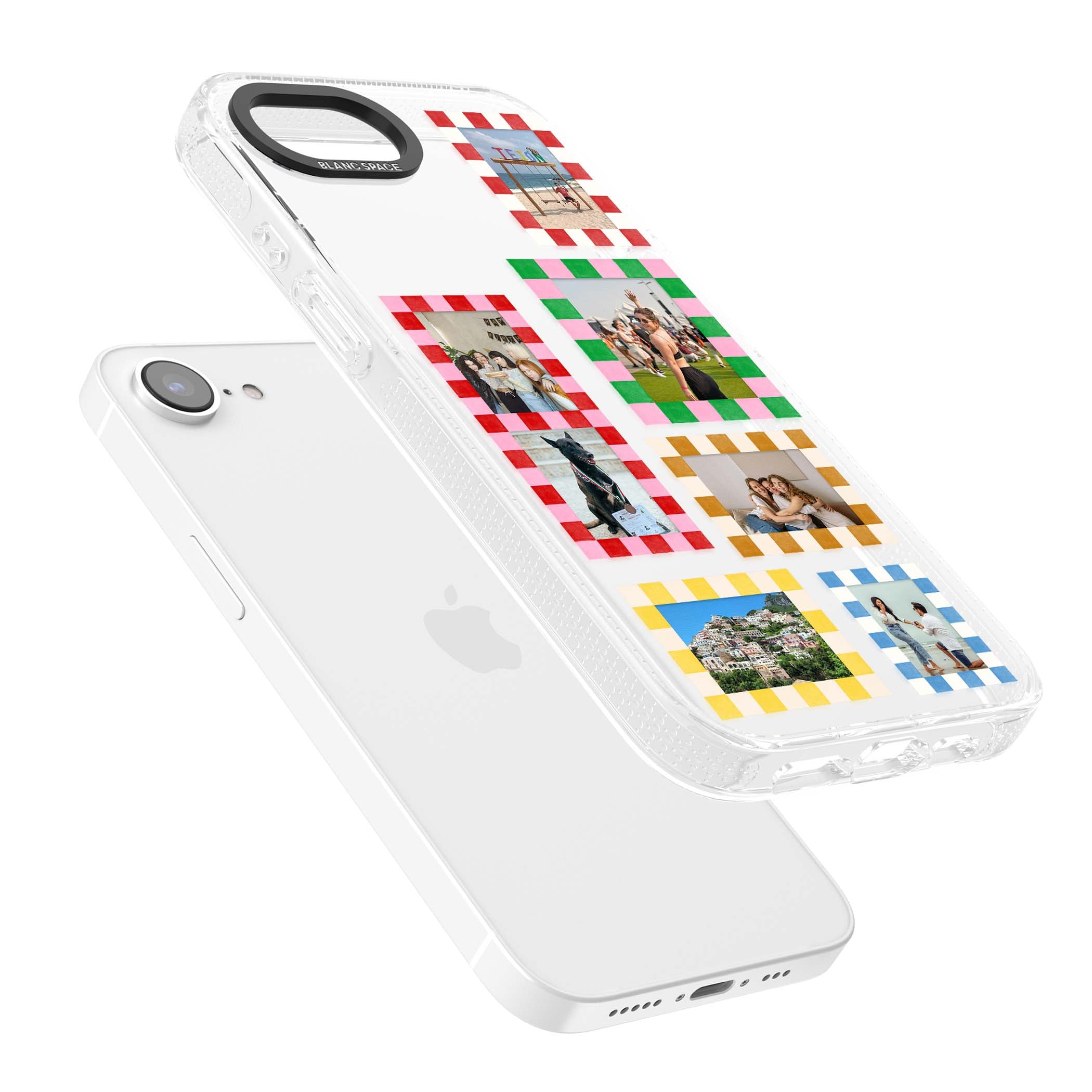Italian Check Frames custom photo collage iPhone case featuring six checkered photo frames in red, green, pink and | Clear Case Impact Air case for iPhone 16e, iPhone 17e