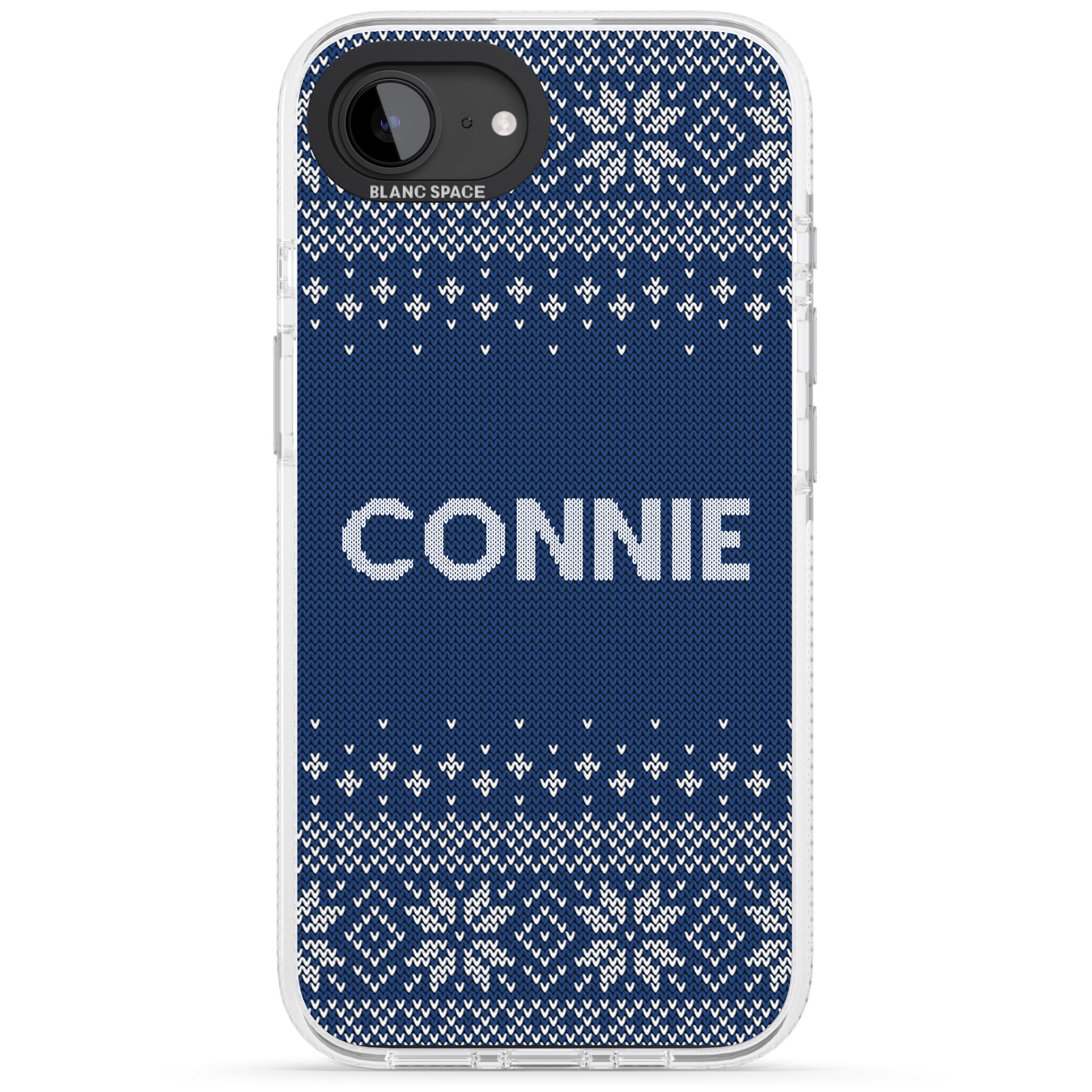 Personalised Blue Christmas Knitted Jumper iPhone 16e Clear Case Impact Air - Blanc Space