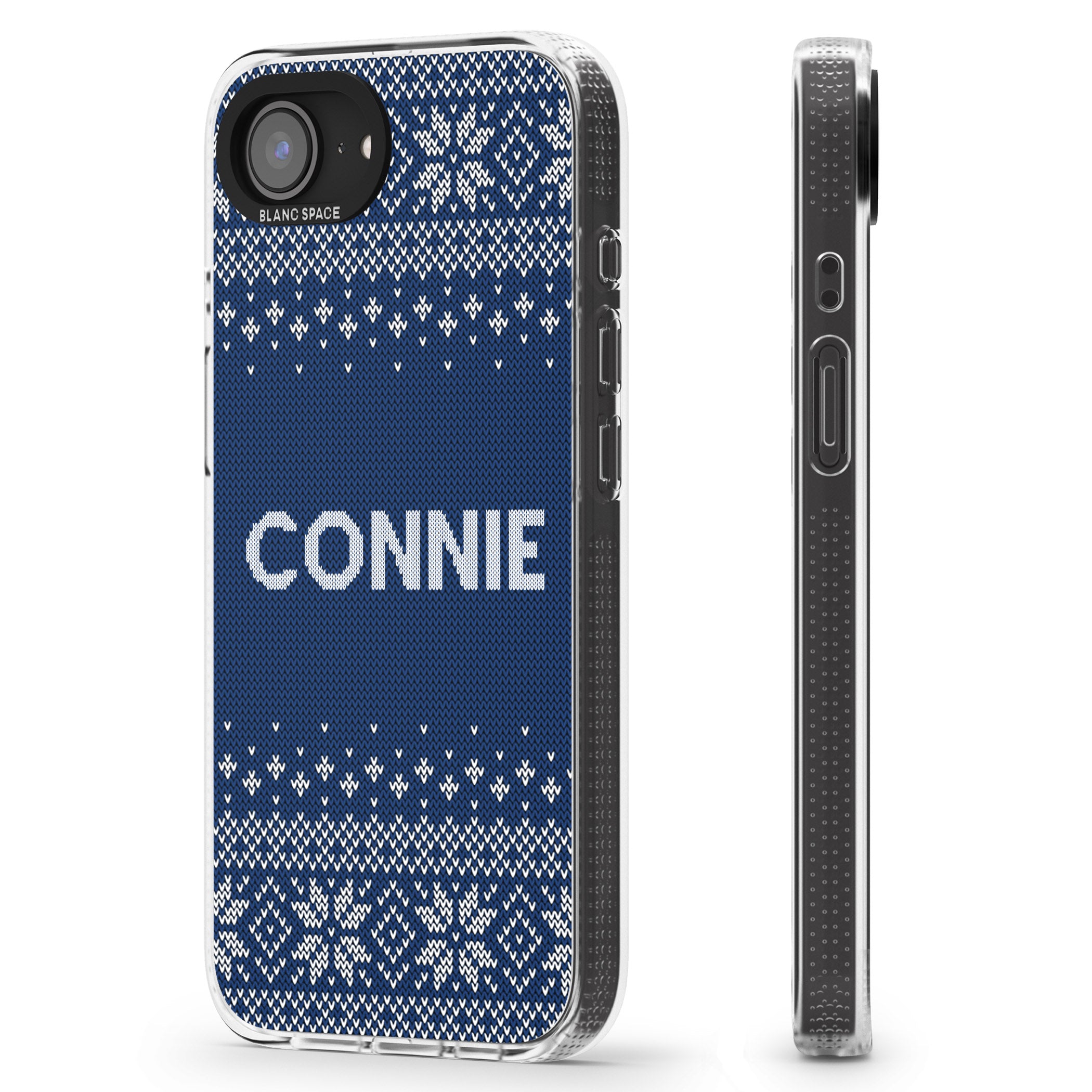 Personalised Blue Christmas Knitted Jumper iPhone 16e Clear Case Impact Air - Blanc Space