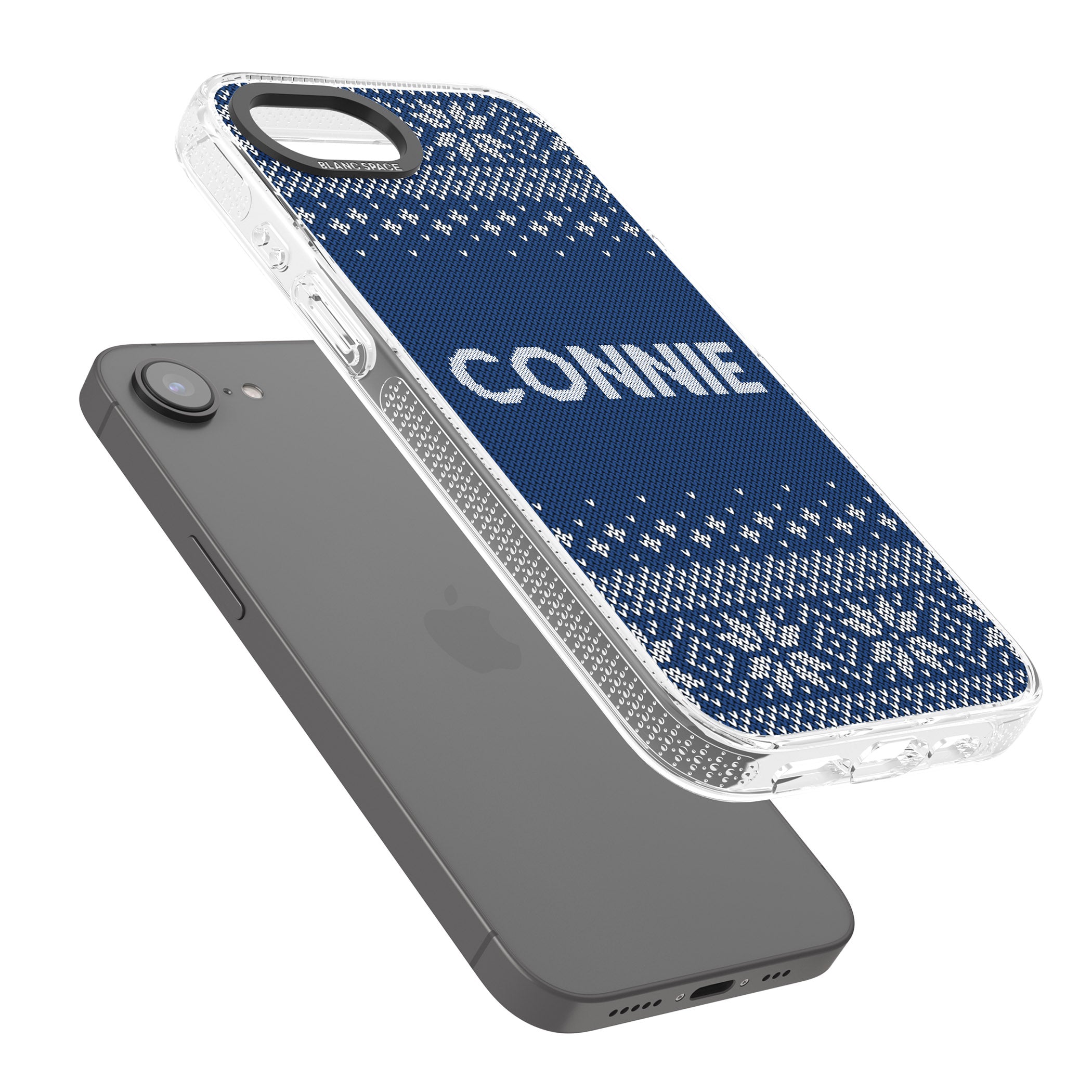 Personalised Blue Christmas Knitted Jumper iPhone 16e Clear Case Impact Air - Blanc Space