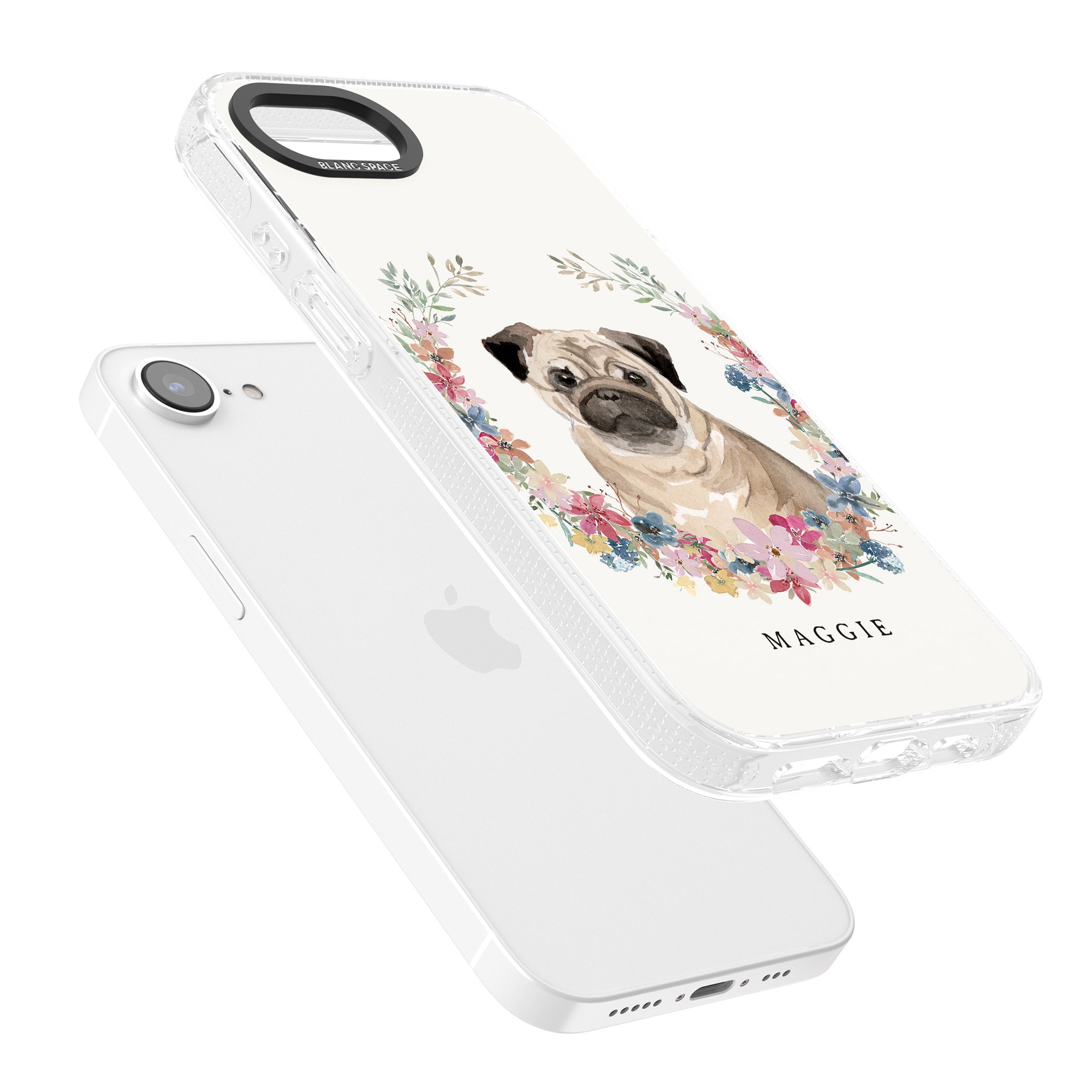 Personalised Pug - Watercolour Dog Portrait iPhone 16e Clear Case Impact Air - Blanc Space