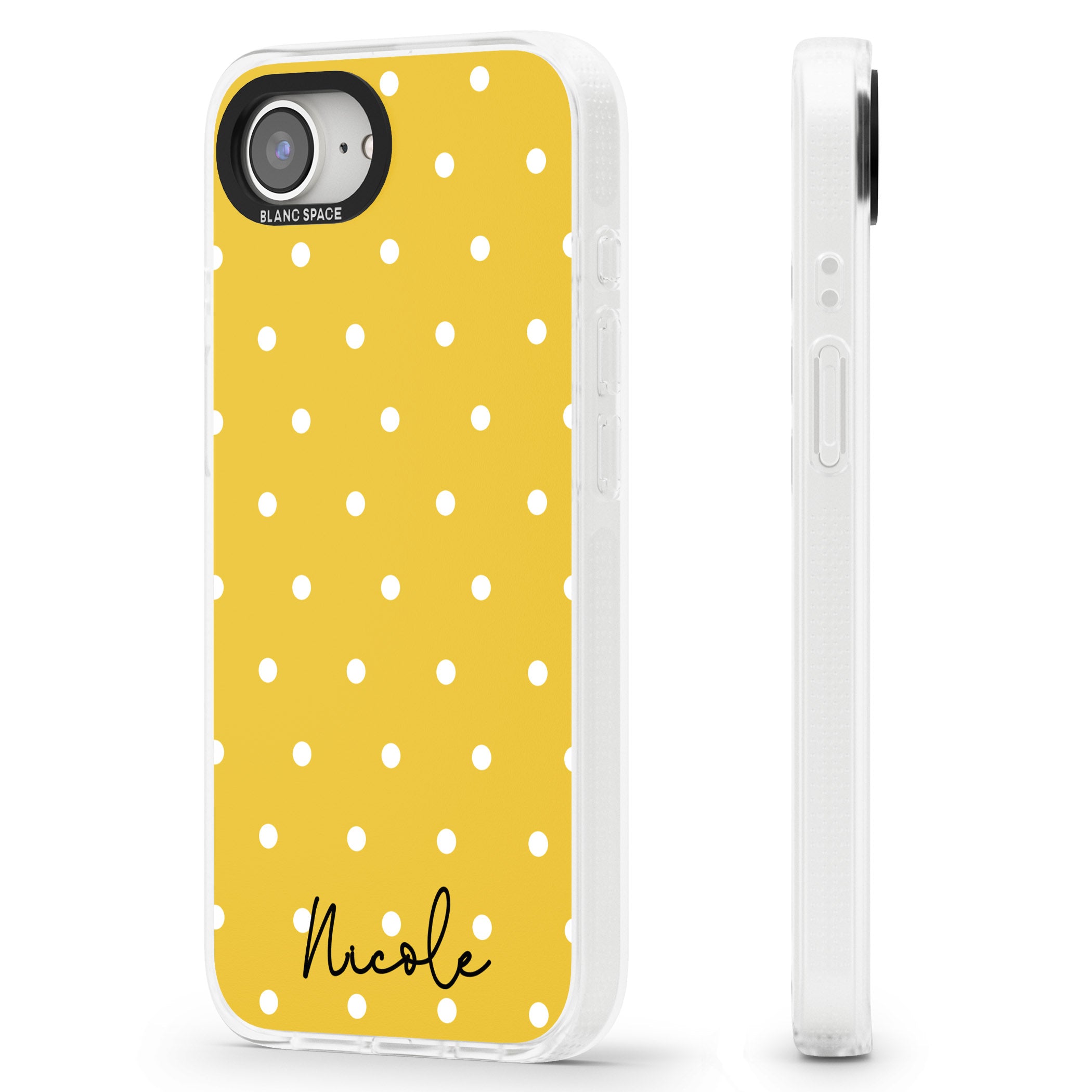 Personalised Yellow Polka Dot iPhone 16e Clear Case Impact Air - Blanc Space