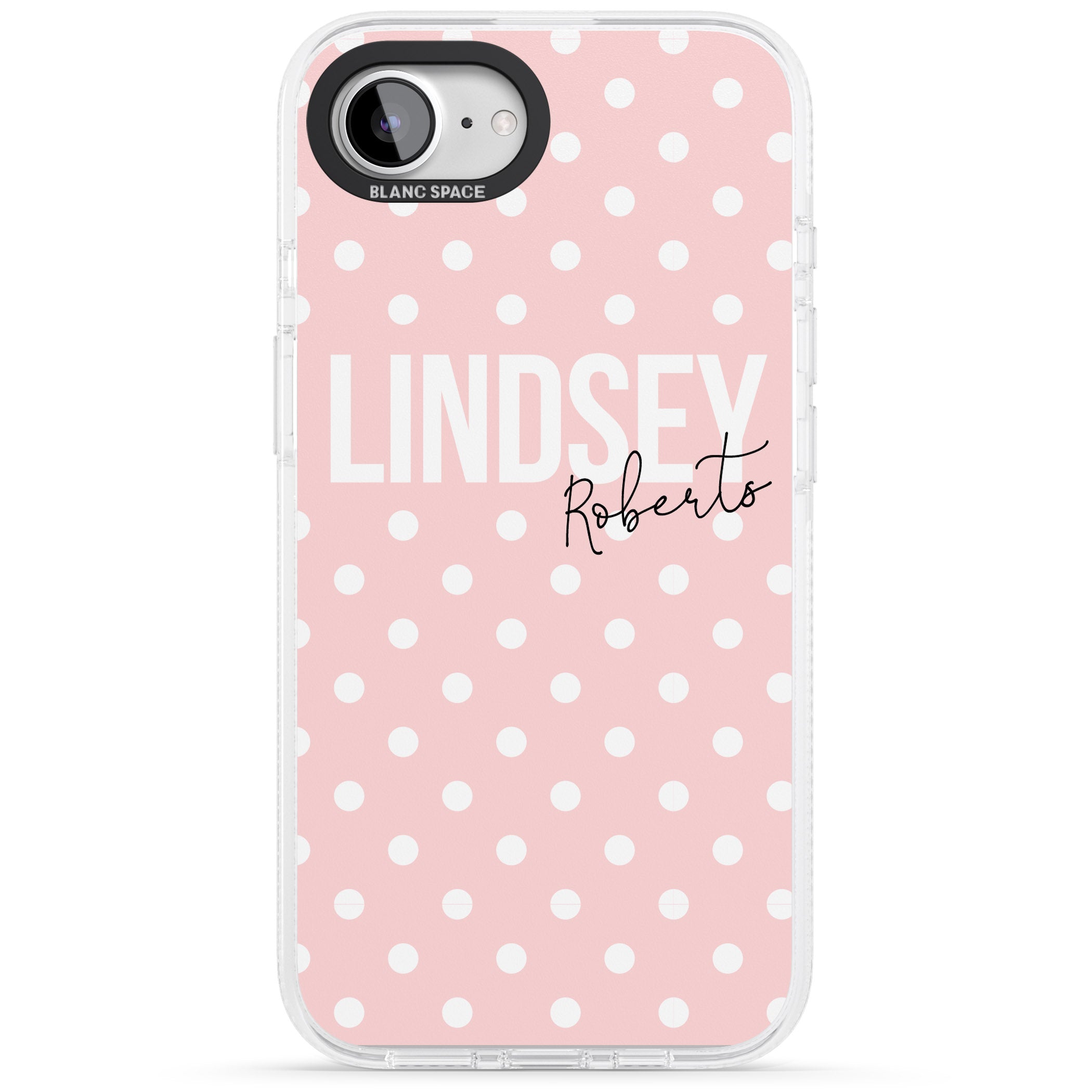 Personalised Pink Polka iPhone 16e Clear Case Impact Air - Blanc Space
