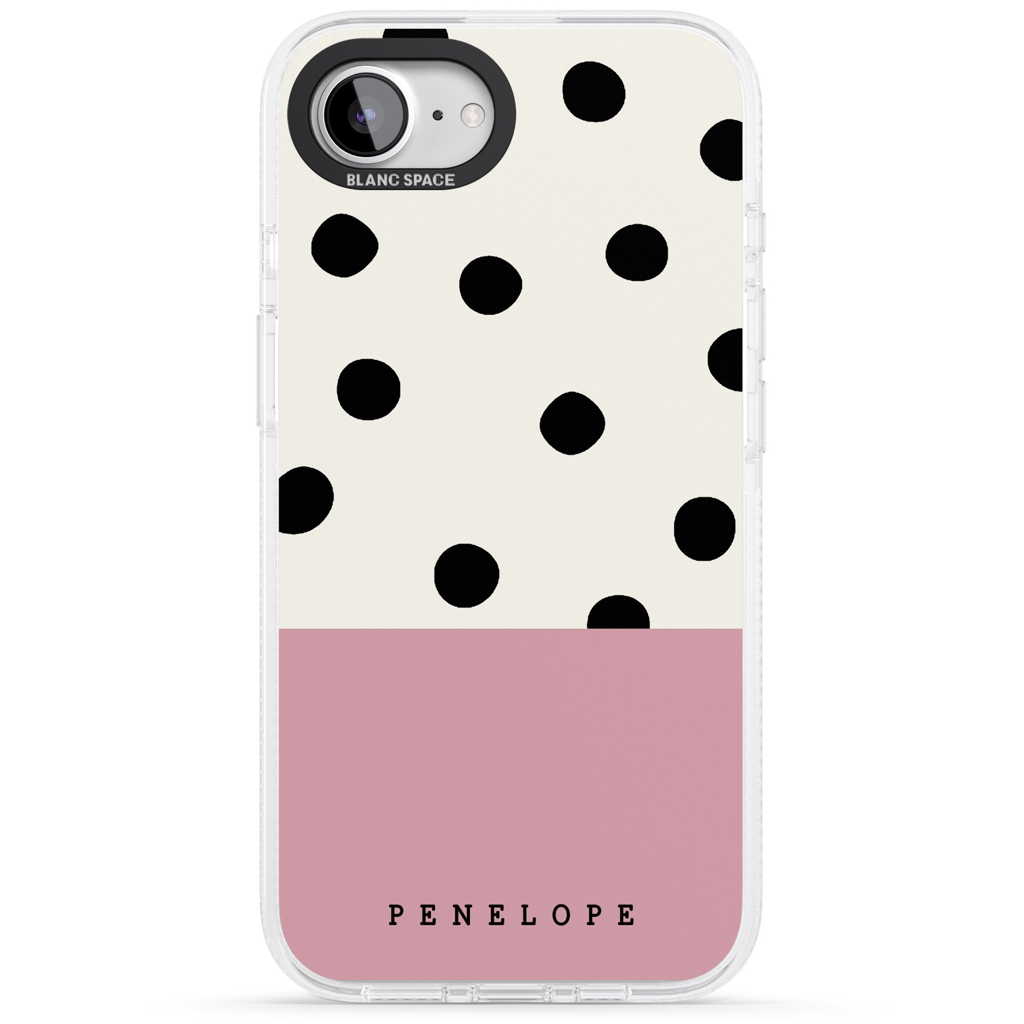 Personalised Pink Border Polka Dot iPhone 16e Clear Case Impact Air - Blanc Space