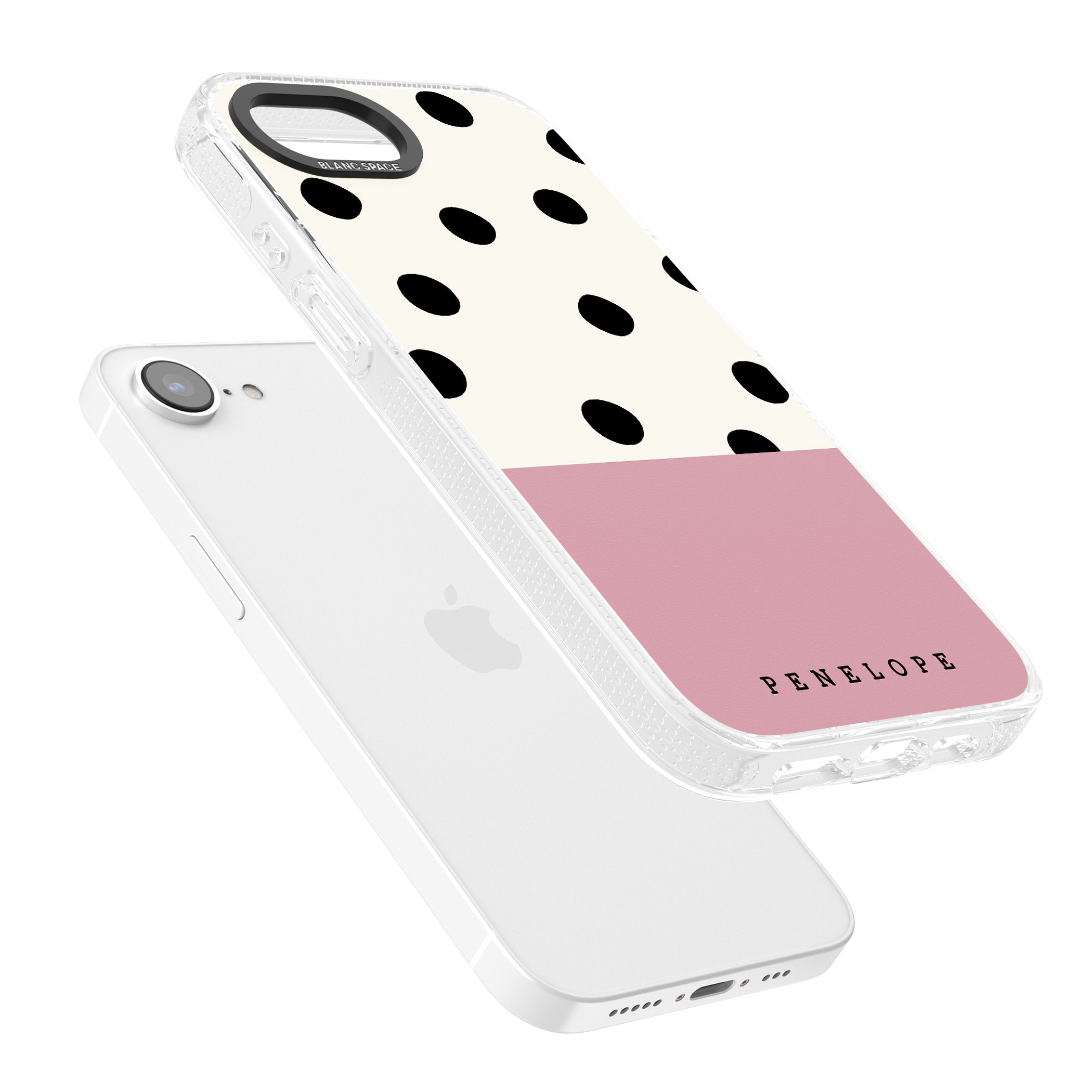 Personalised Pink Border Polka Dot iPhone 16e Clear Case Impact Air - Blanc Space
