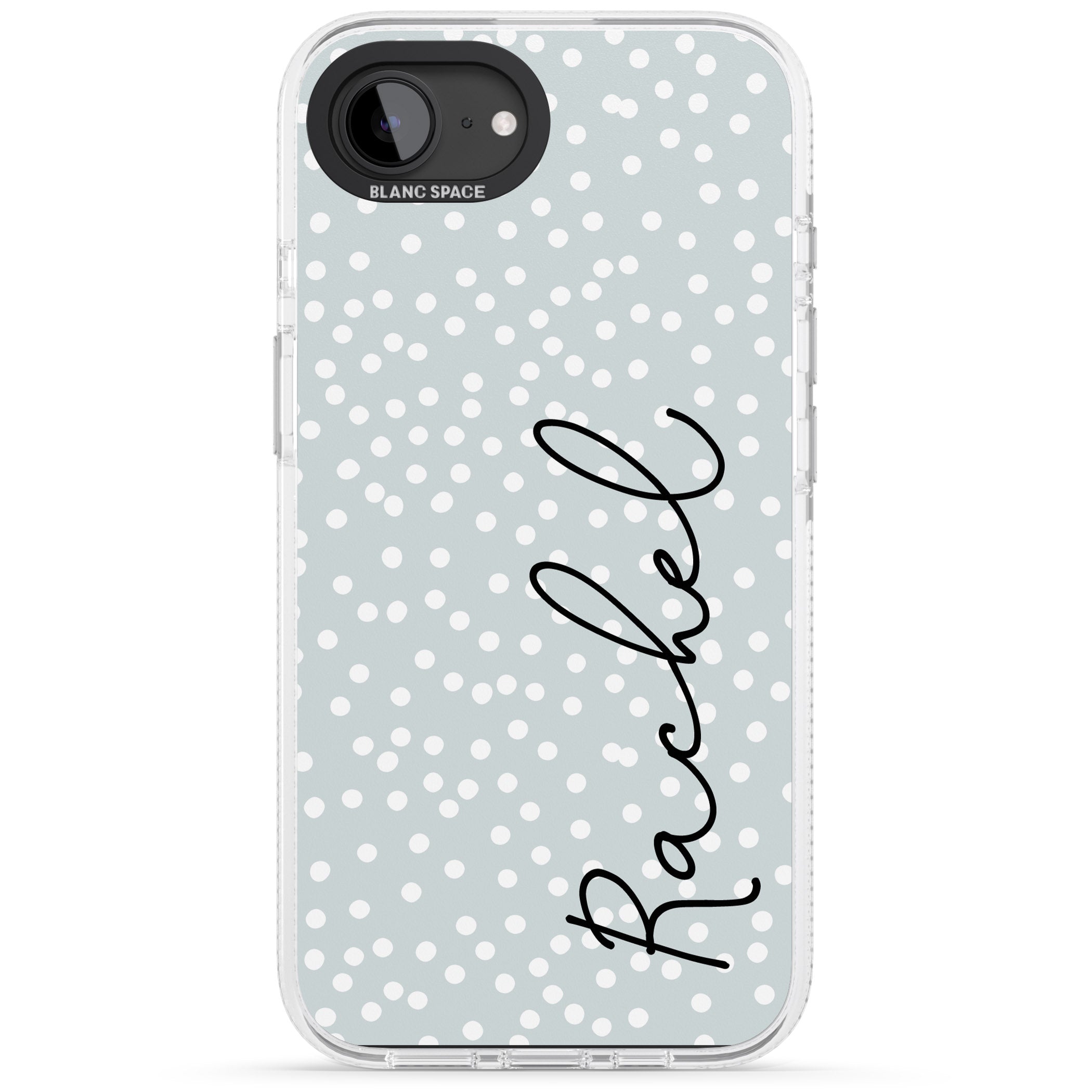 Personalised Vertical Cursive & Dots iPhone 16e Clear Case Impact Air - Blanc Space