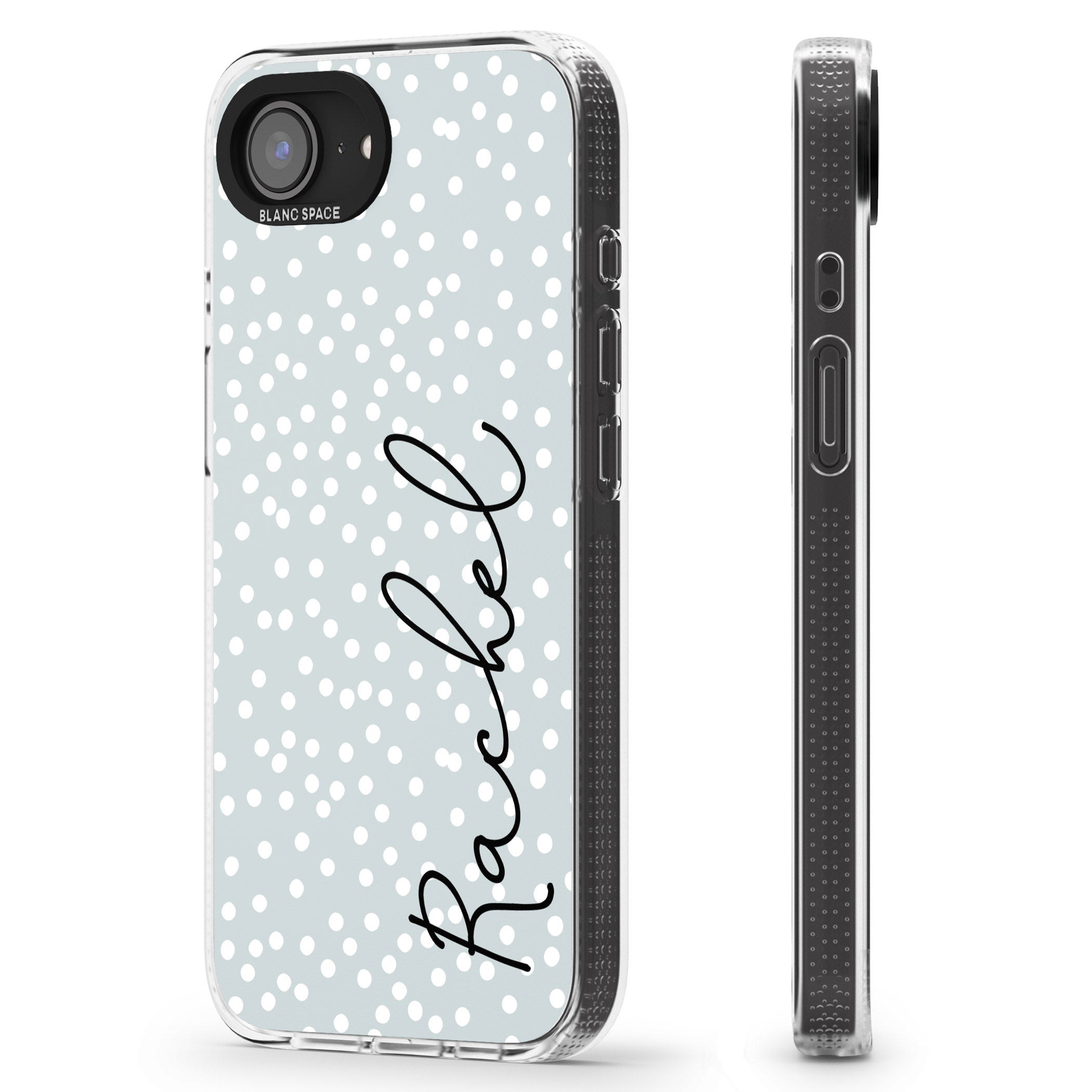 Personalised Vertical Cursive & Dots iPhone 16e Clear Case Impact Air - Blanc Space