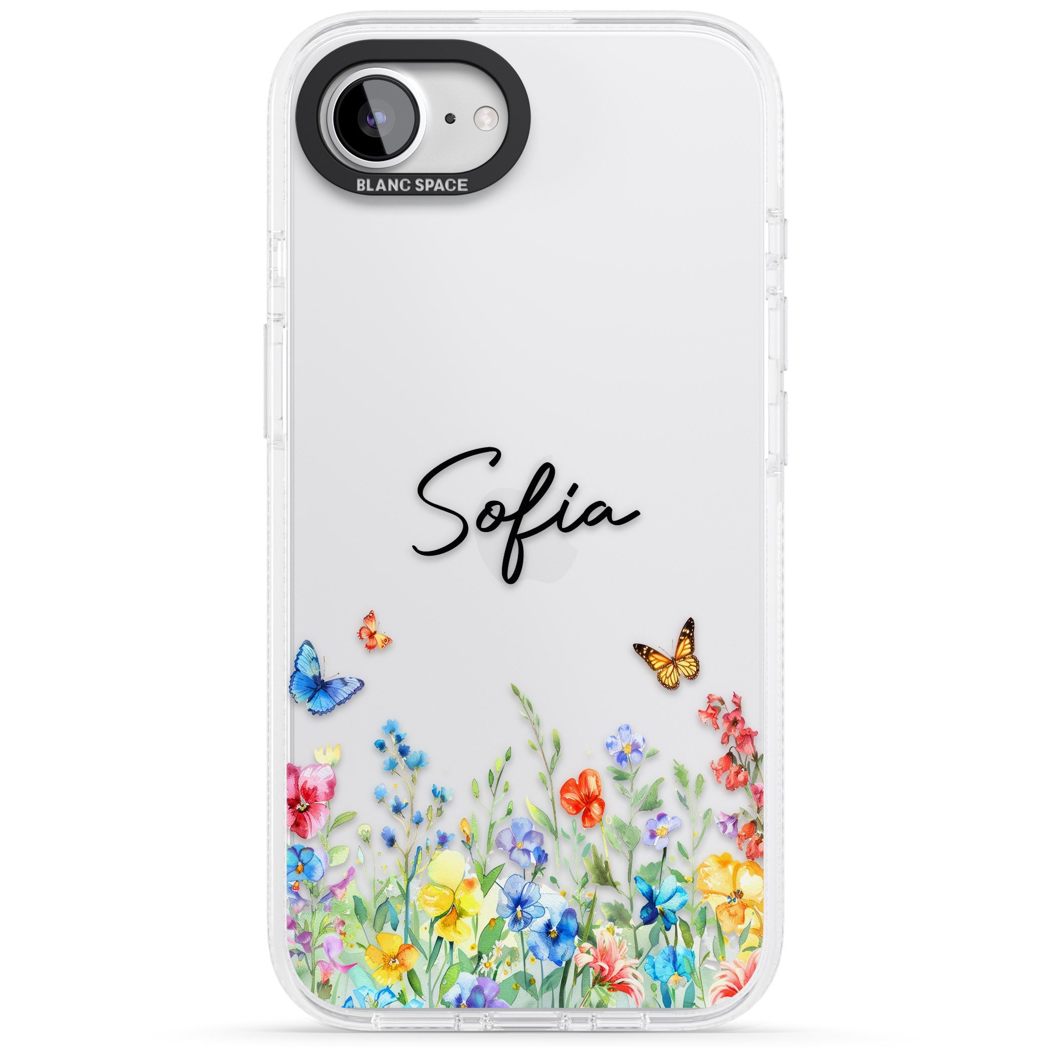 Personalised Butterflies & Wildflowers iPhone 16e Clear Case Impact Air - Blanc Space