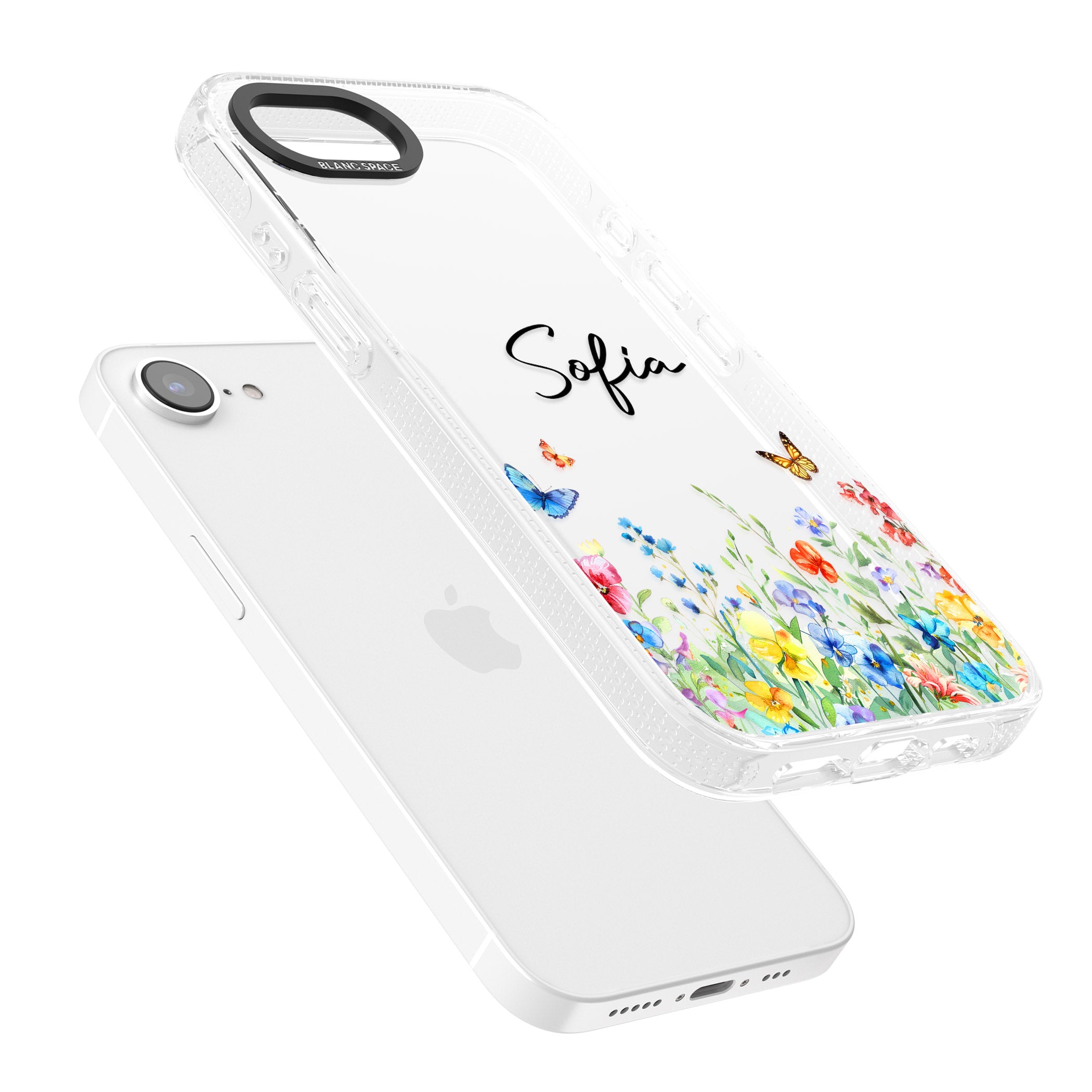 Personalised Butterflies & Wildflowers iPhone 16e Clear Case Impact Air - Blanc Space