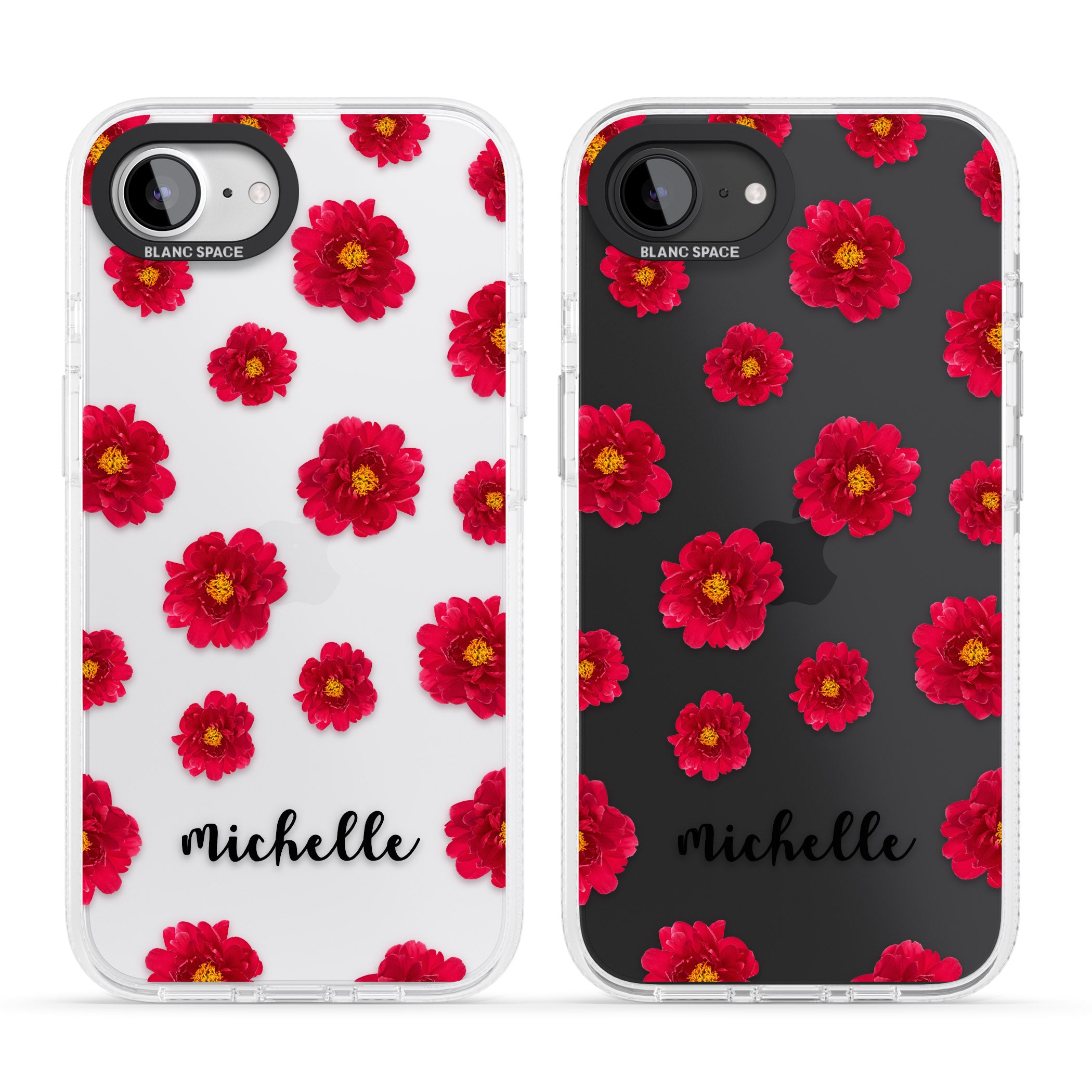 Personalised Red Peonies & Cursive iPhone 16e Clear Case Impact Air - Blanc Space