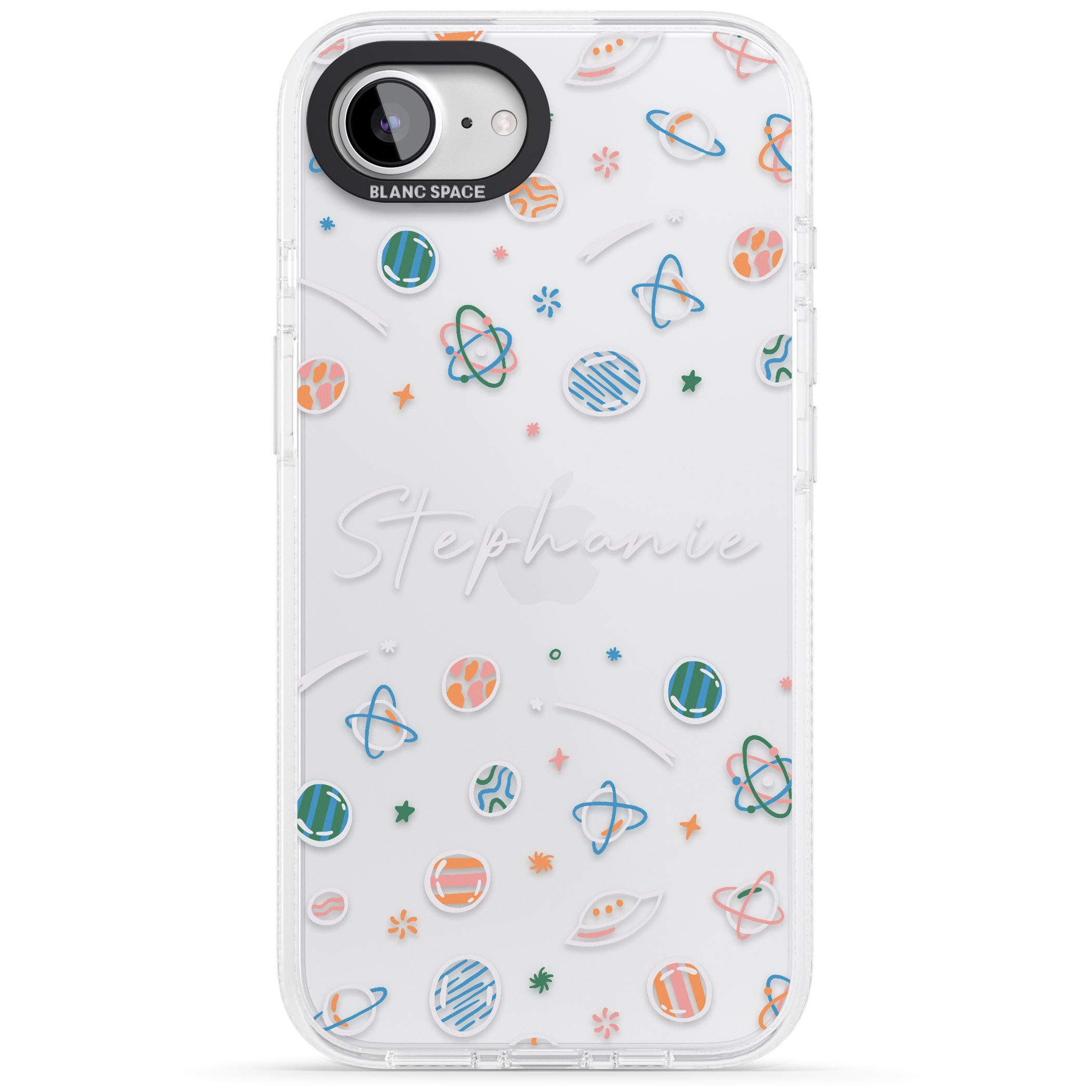 Personalised Space Pattern White iPhone 16e Clear Case Impact Air - Blanc Space