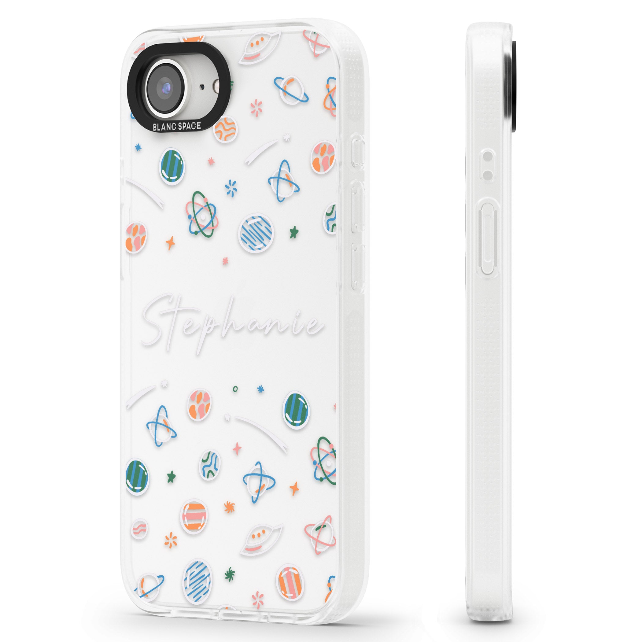 Personalised Space Pattern White iPhone 16e Clear Case Impact Air - Blanc Space