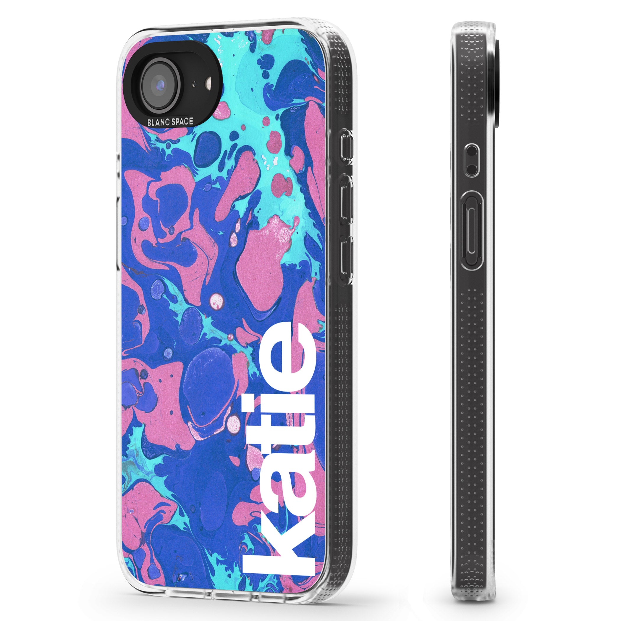 Personalised Navy, Turquoise + Purple - Marbled iPhone 16e Clear Case Impact Air - Blanc Space