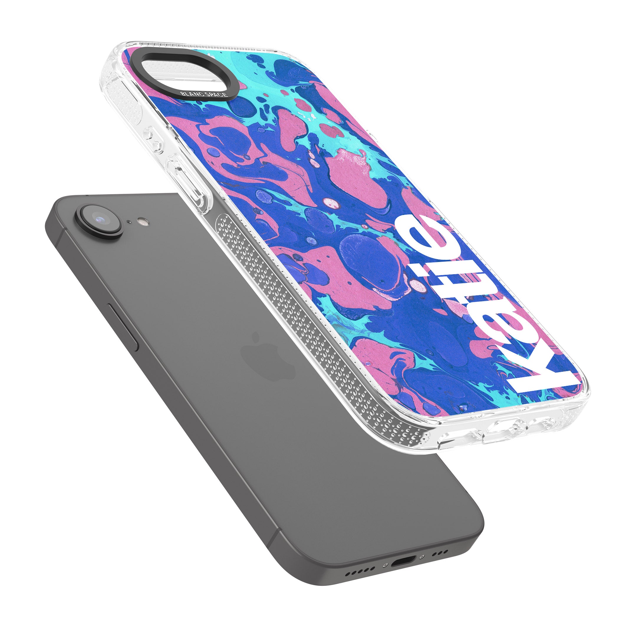 Personalised Navy, Turquoise + Purple - Marbled iPhone 16e Clear Case Impact Air - Blanc Space