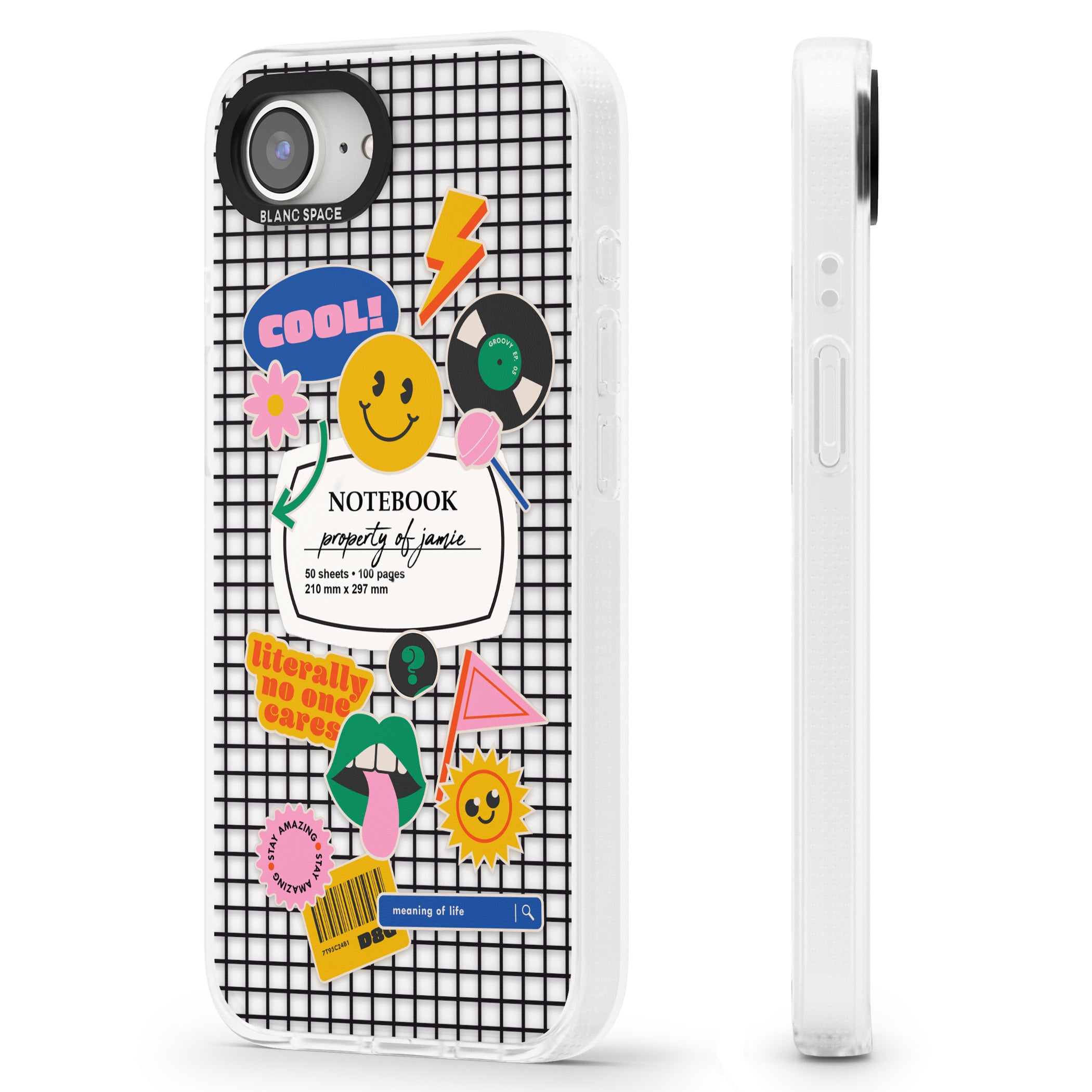 Personalised Sticker Mix on Grid iPhone 16e Clear Case Impact Air - Blanc Space