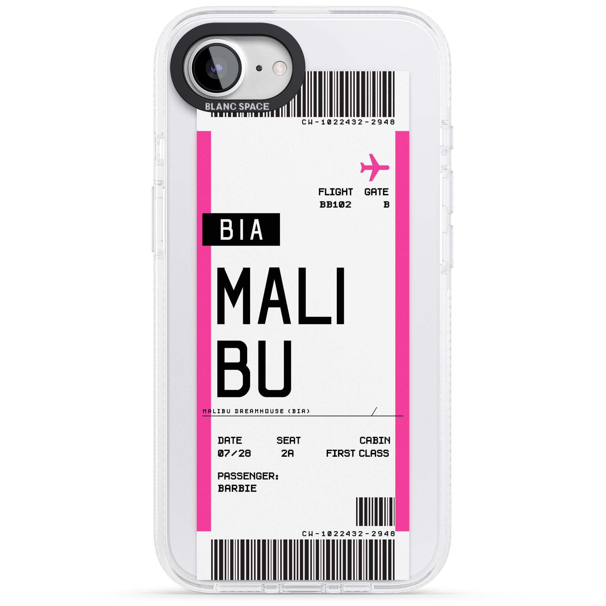 Personalised Pink Malibu Boarding Pass iPhone 16e Clear Case Impact Air - Blanc Space