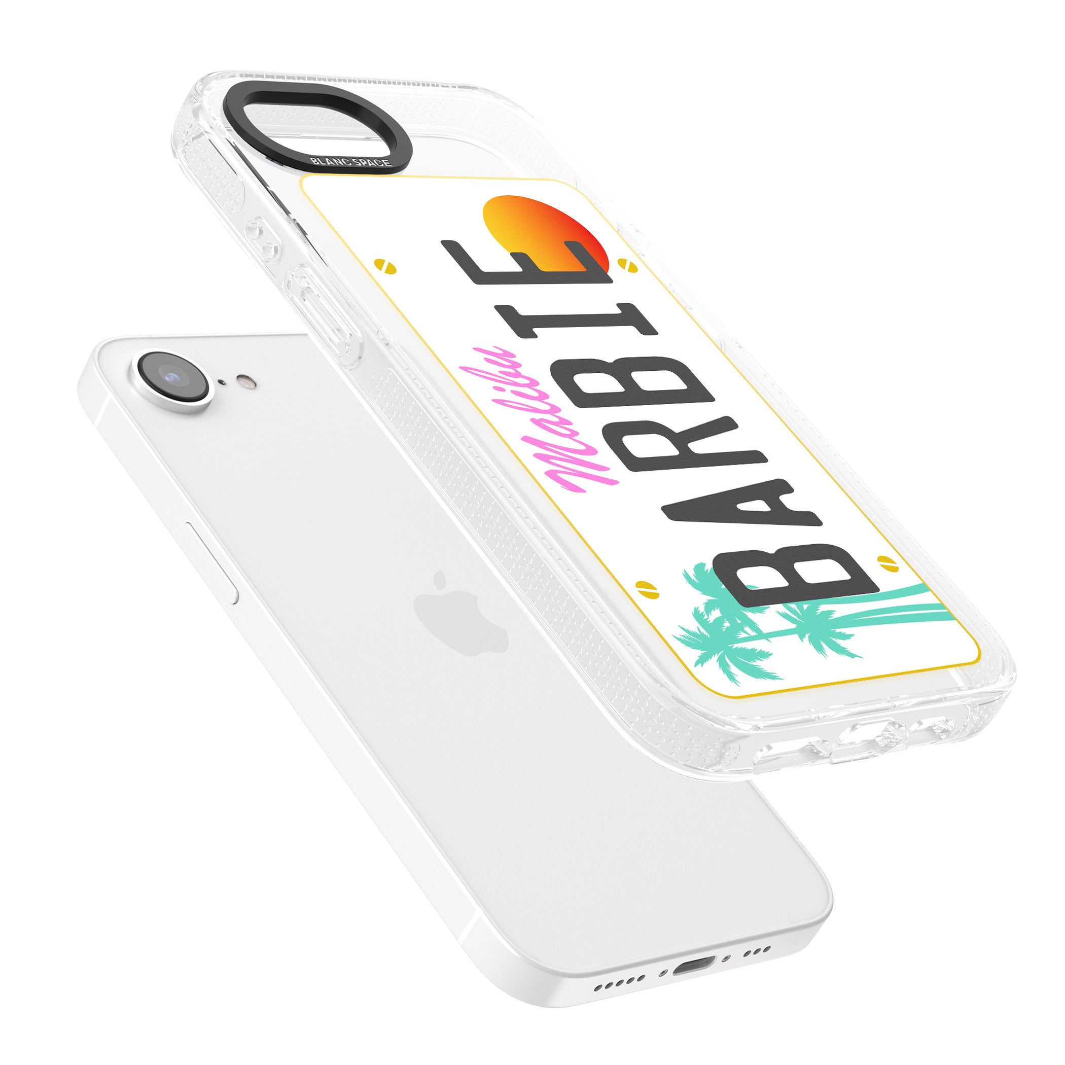 Personalised Malibu License Plate iPhone 16e Clear Case Impact Air - Blanc Space
