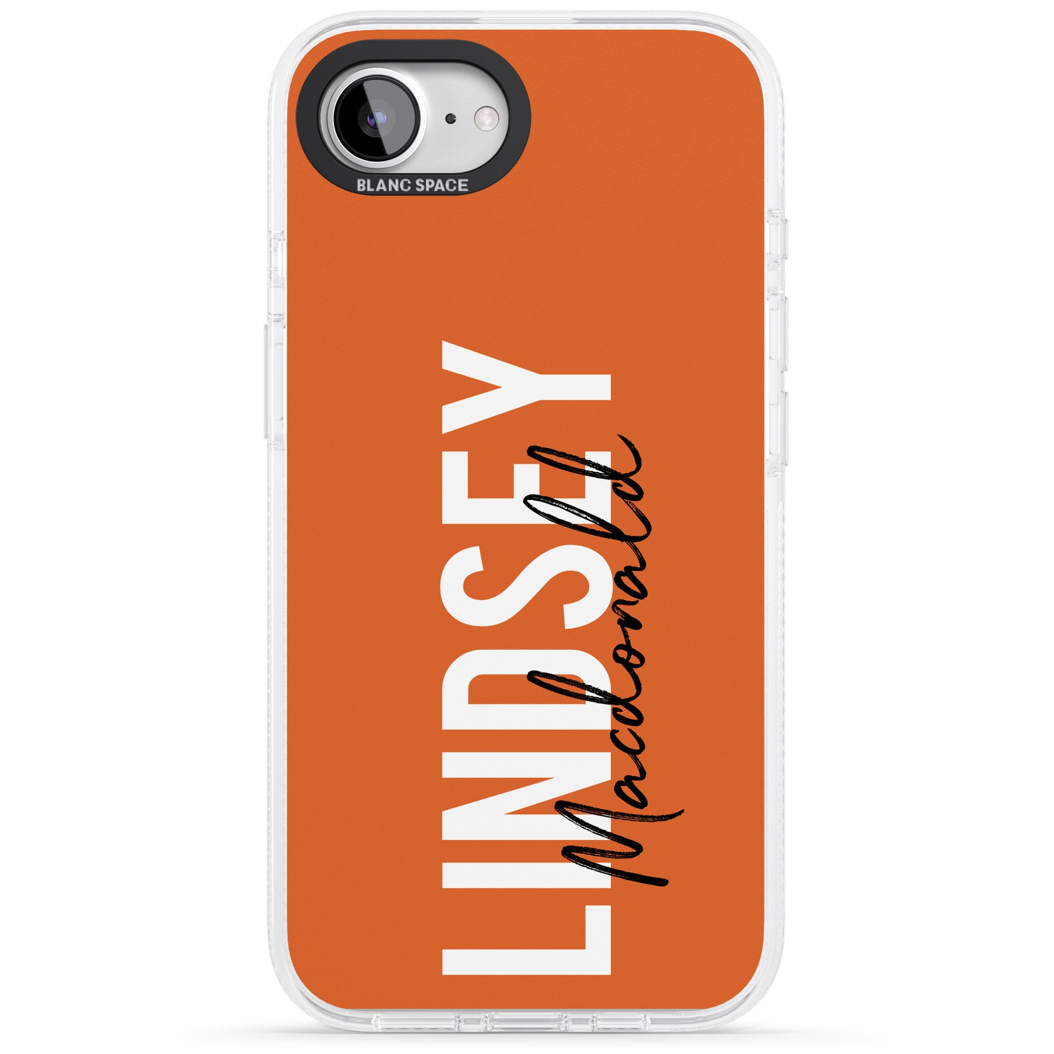 Personalised Bold Name: Orange iPhone 16e Clear Case Impact Air - Blanc Space