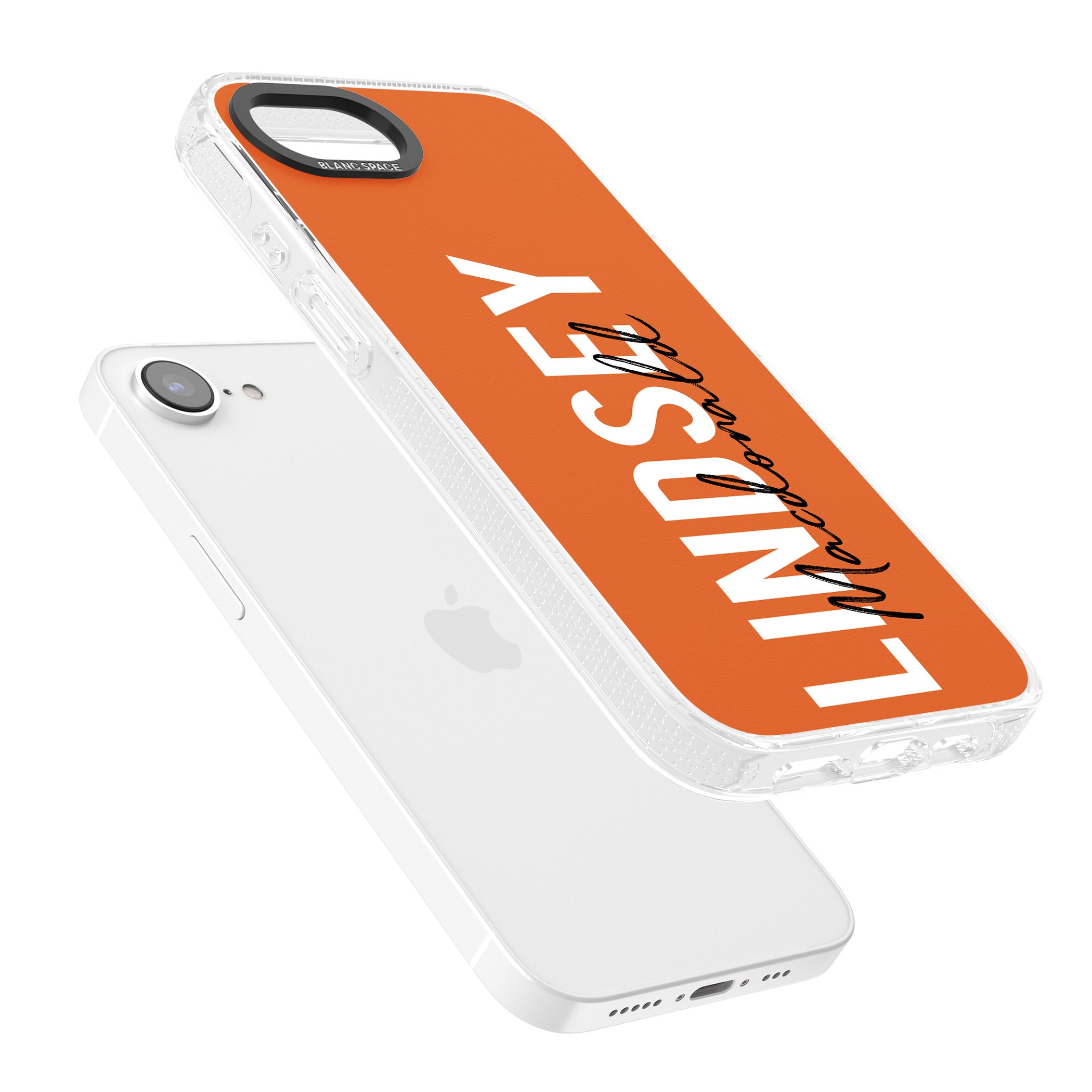 Personalised Bold Name: Orange iPhone 16e Clear Case Impact Air - Blanc Space