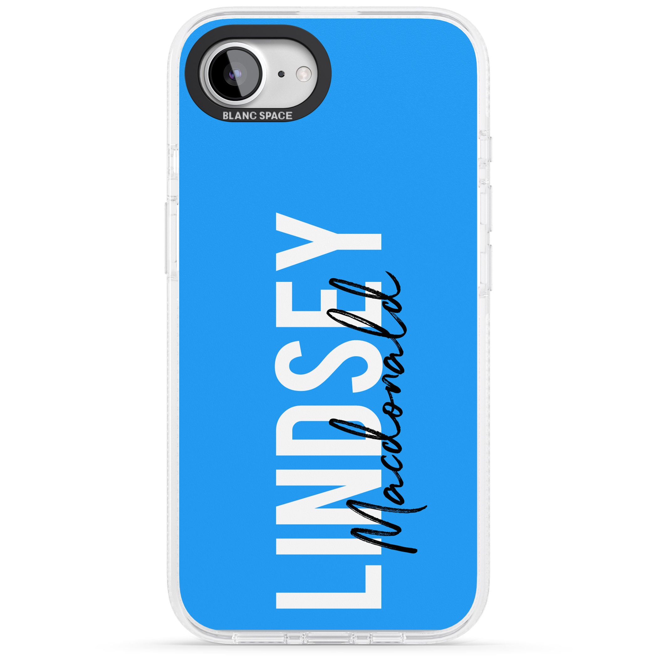Personalised Bold Name: Blue iPhone 16e Clear Case Impact Air - Blanc Space