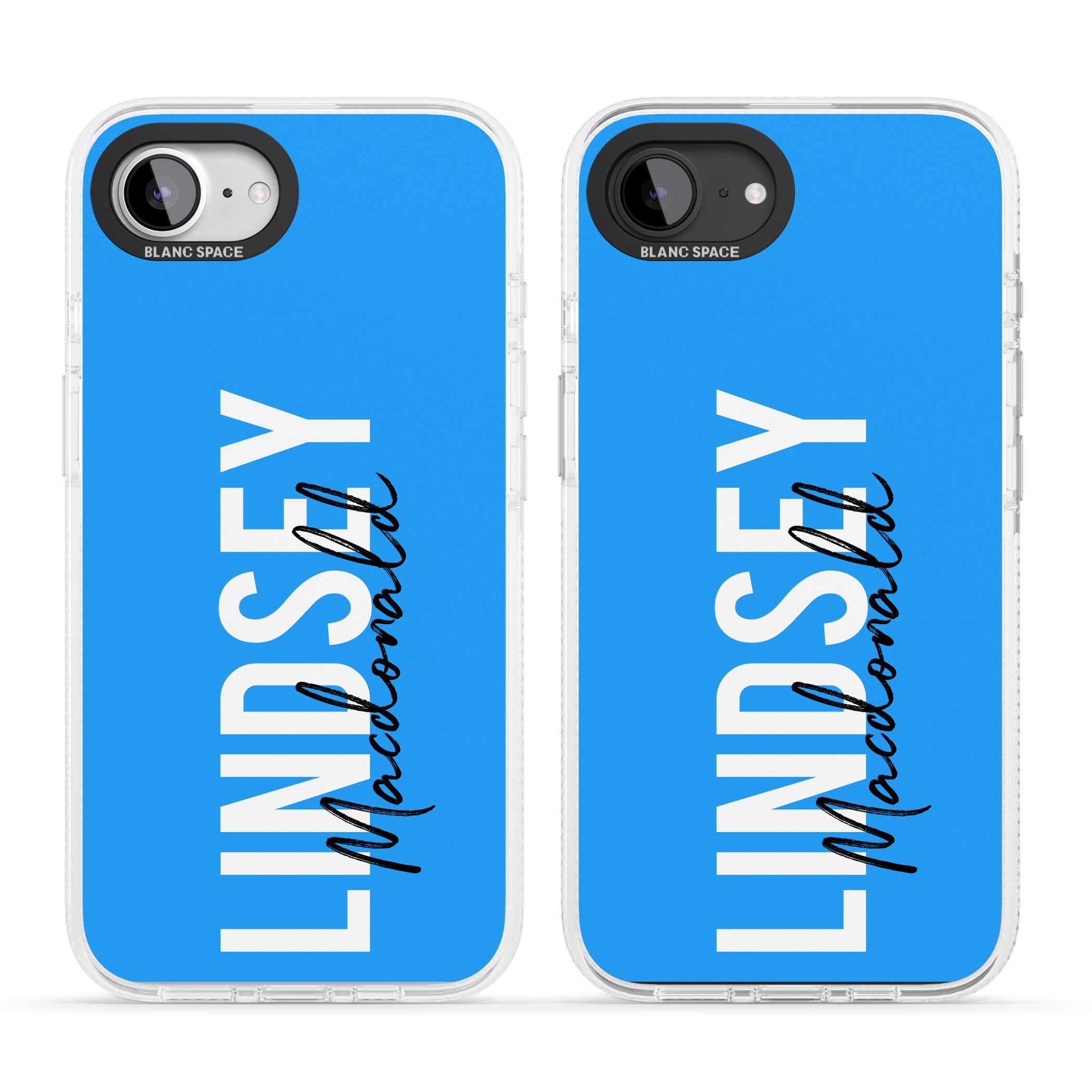 Personalised Bold Name: Blue iPhone 16e Clear Case Impact Air - Blanc Space