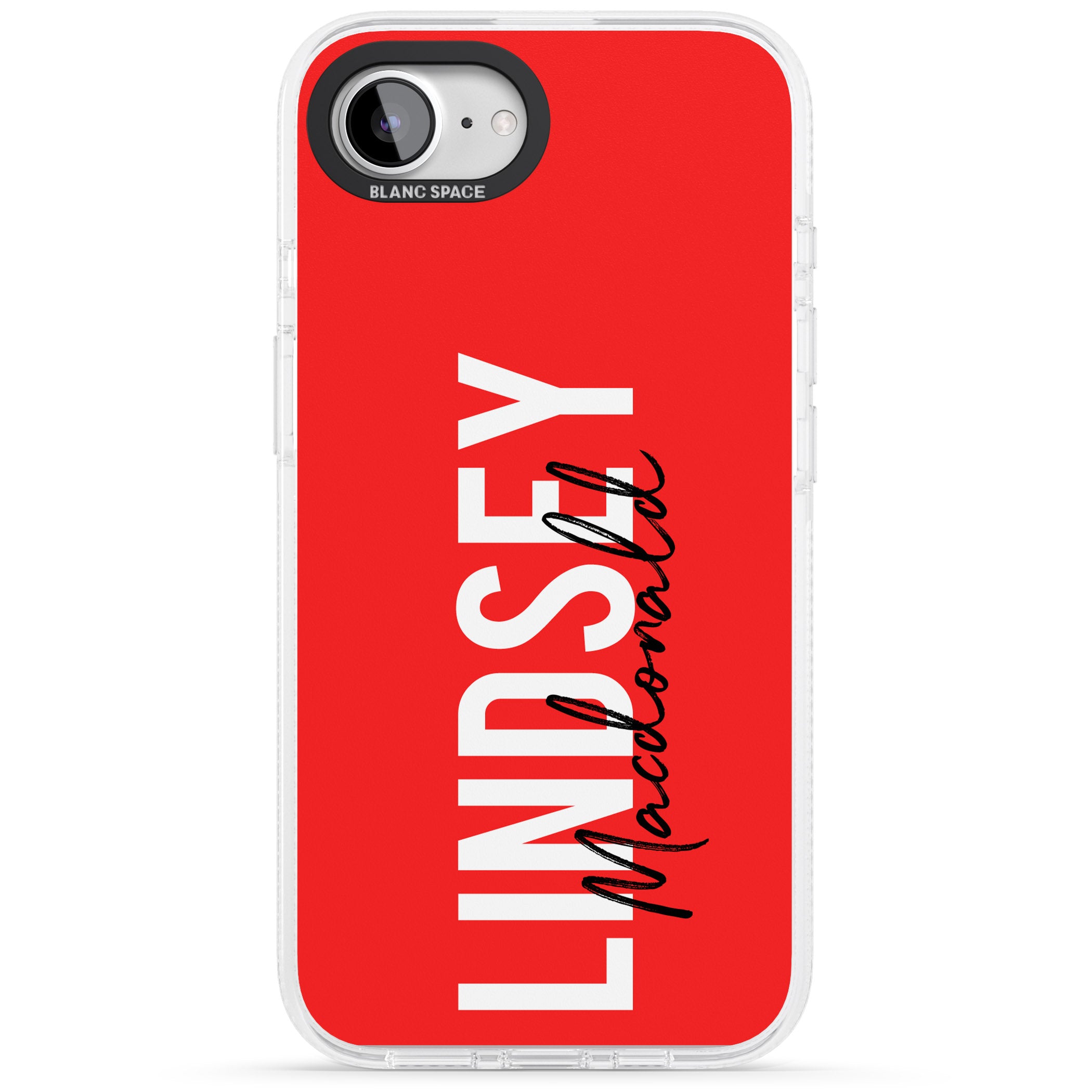 Personalised Bold Name: Red iPhone 16e Clear Case Impact Air - Blanc Space