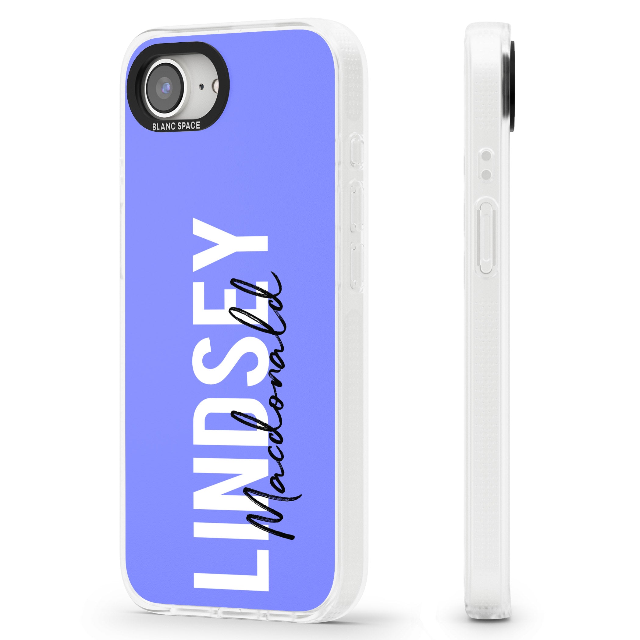 Personalised Bold Name: Purple iPhone 16e Clear Case Impact Air - Blanc Space