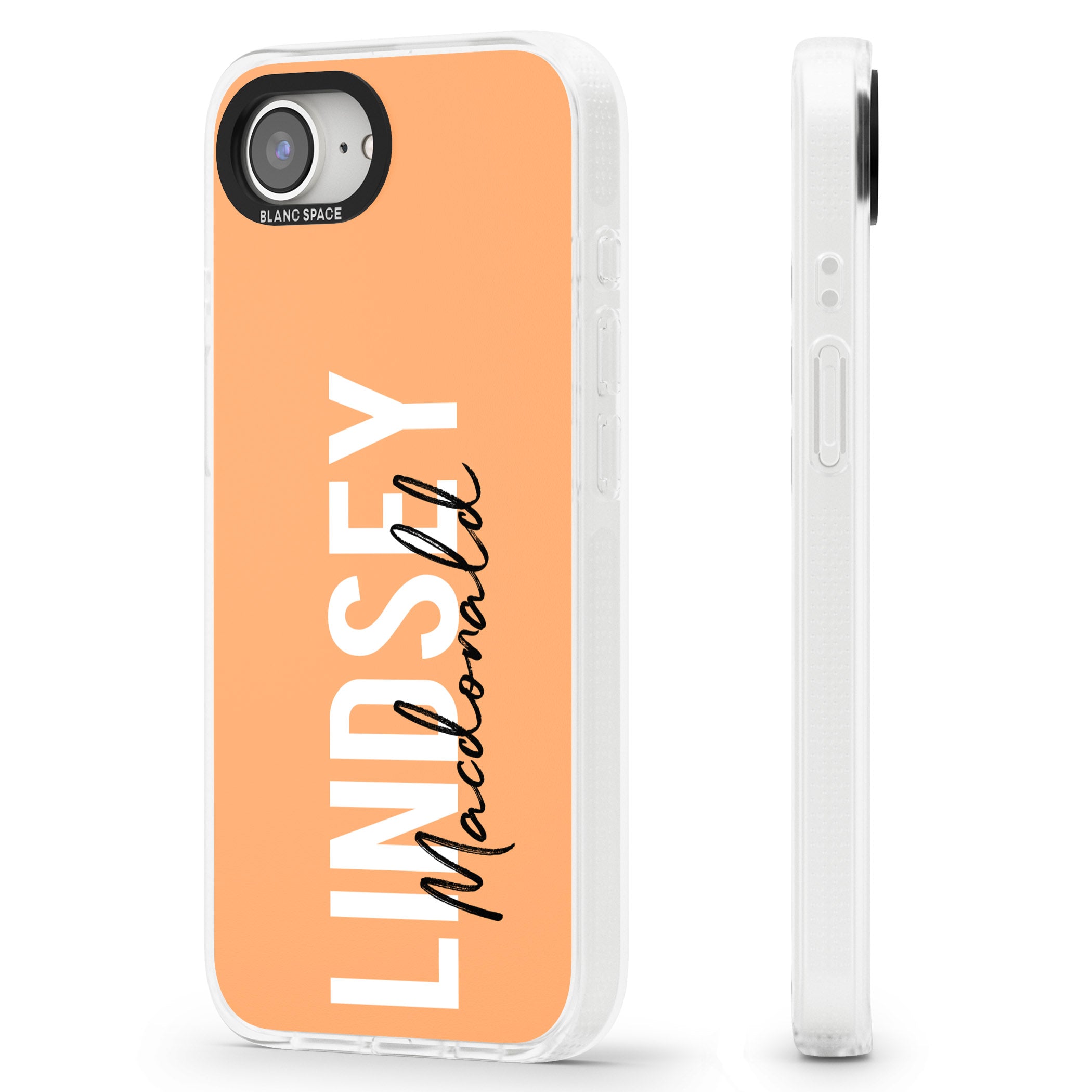 Personalised Bold Name: Peach iPhone 16e Clear Case Impact Air - Blanc Space