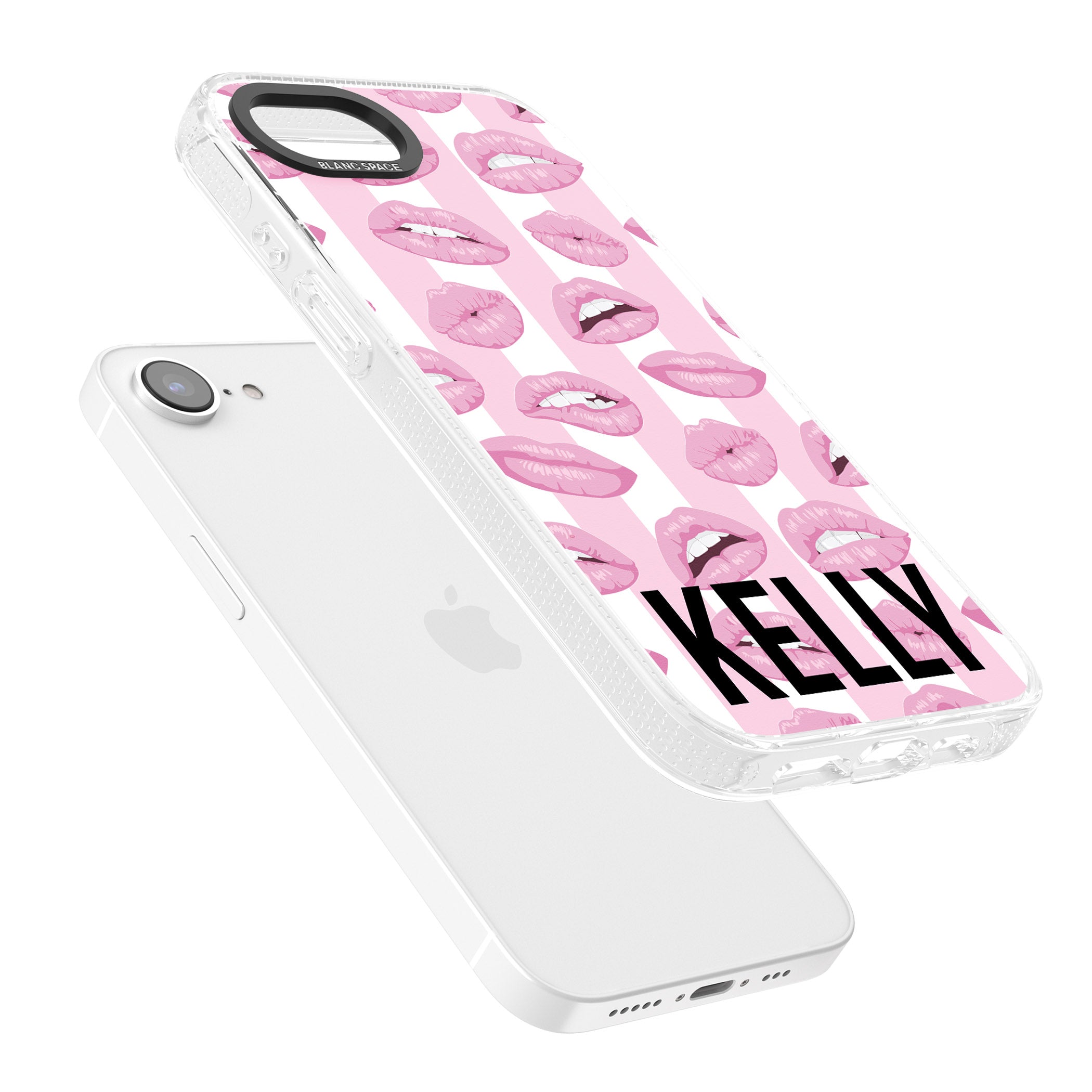 Personalised Pink Stripes & Lips iPhone 16e Clear Case Impact Air - Blanc Space
