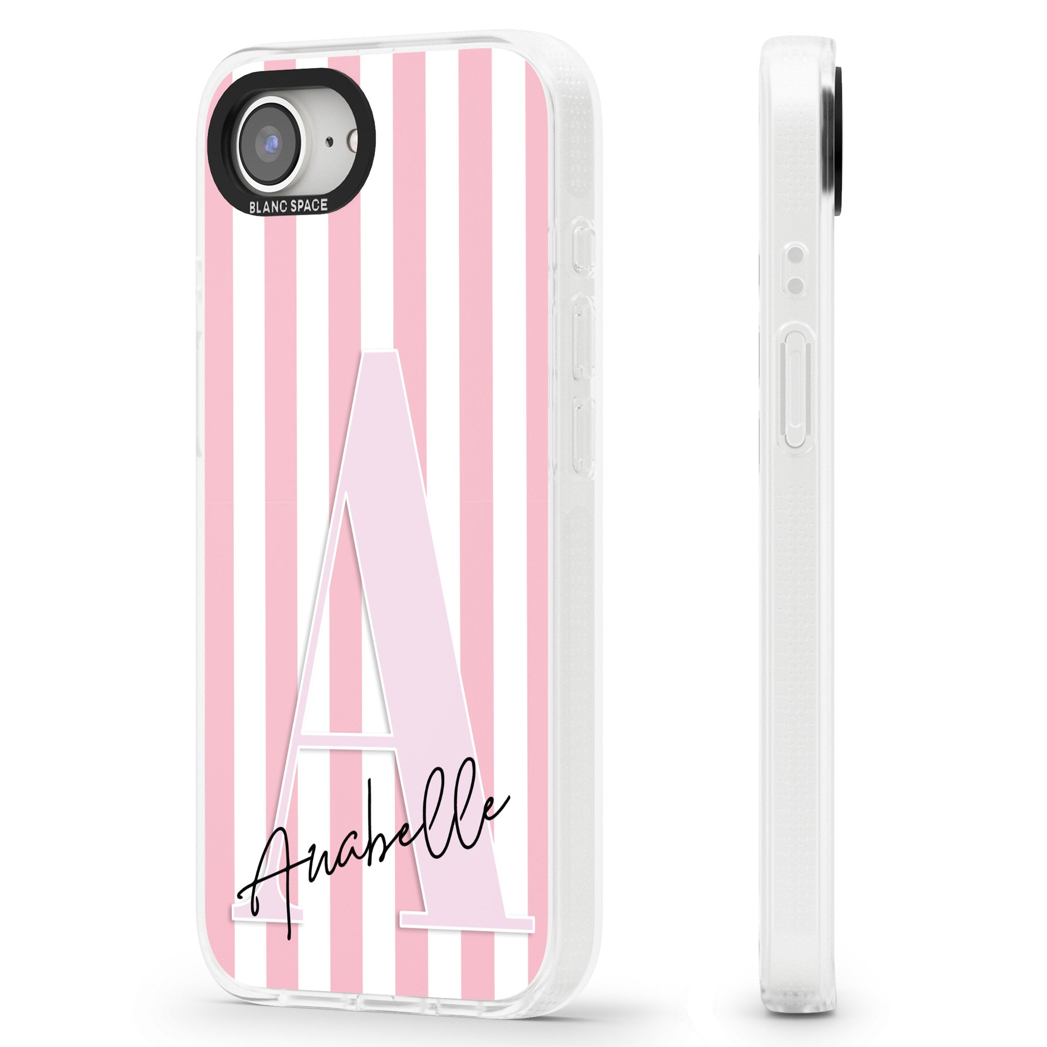 Personalised Pink Stripes & Large Monogram iPhone 16e Clear Case Impact Air - Blanc Space