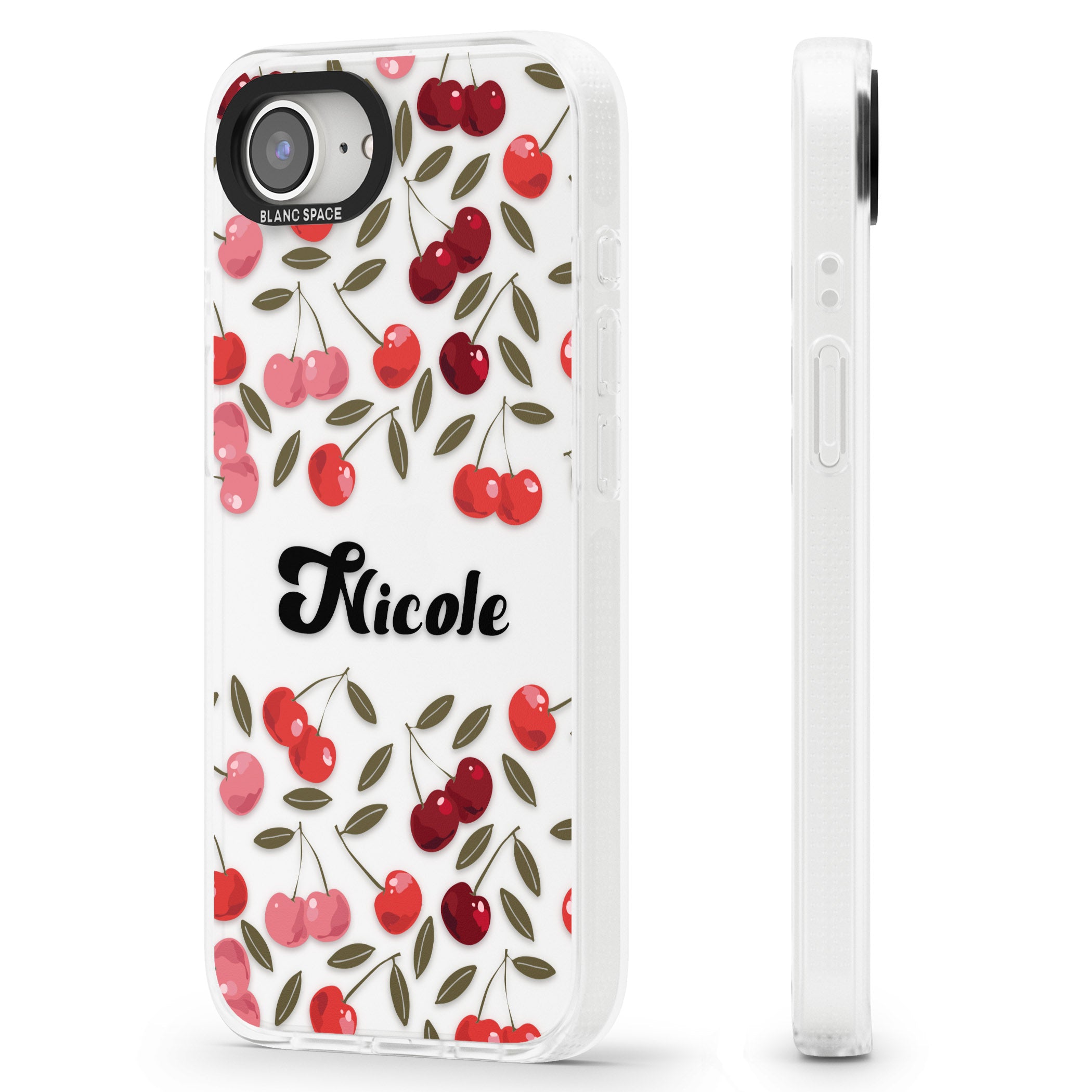 Personalised Cherry Pattern iPhone 16e Clear Case Impact Air - Blanc Space