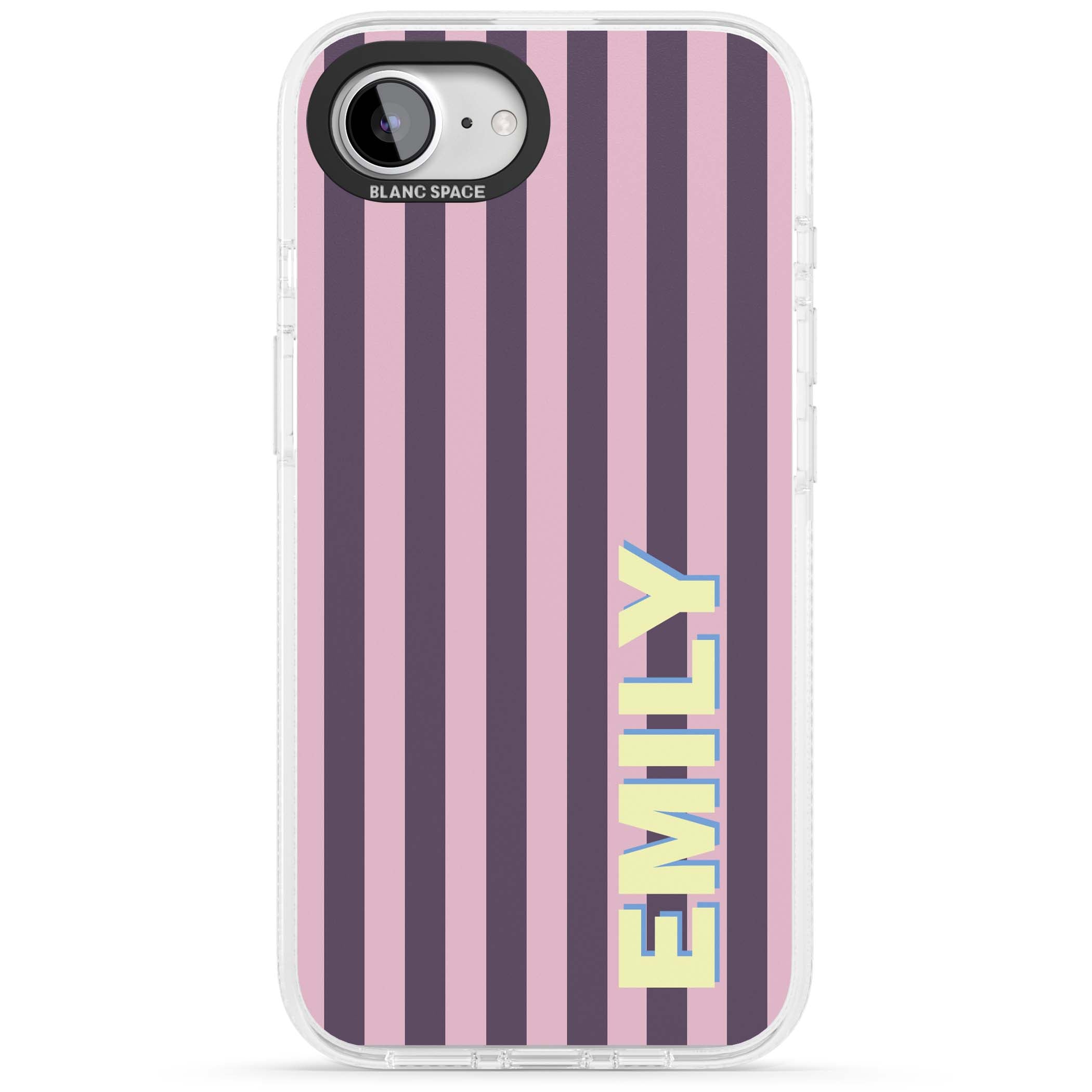 Tyre Stripe personalised stripe iPhone case with plum and pink vertical stripes and custom yellow name | Clear Case Impact Air case for iPhone 16e, iPhone 17e