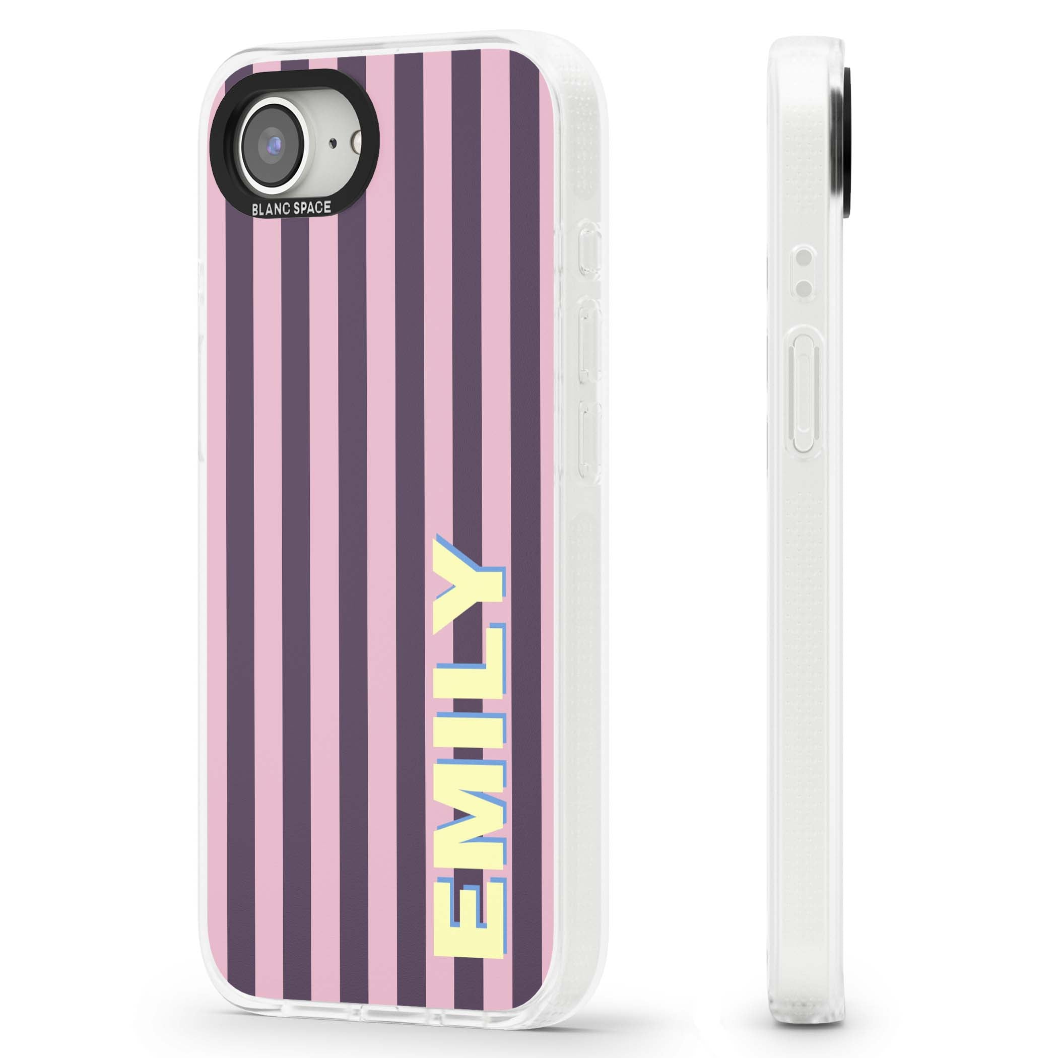 Tyre Stripe personalised stripe iPhone case with plum and pink vertical stripes and custom yellow name | Clear Case Impact Air case for iPhone 16e, iPhone 17e