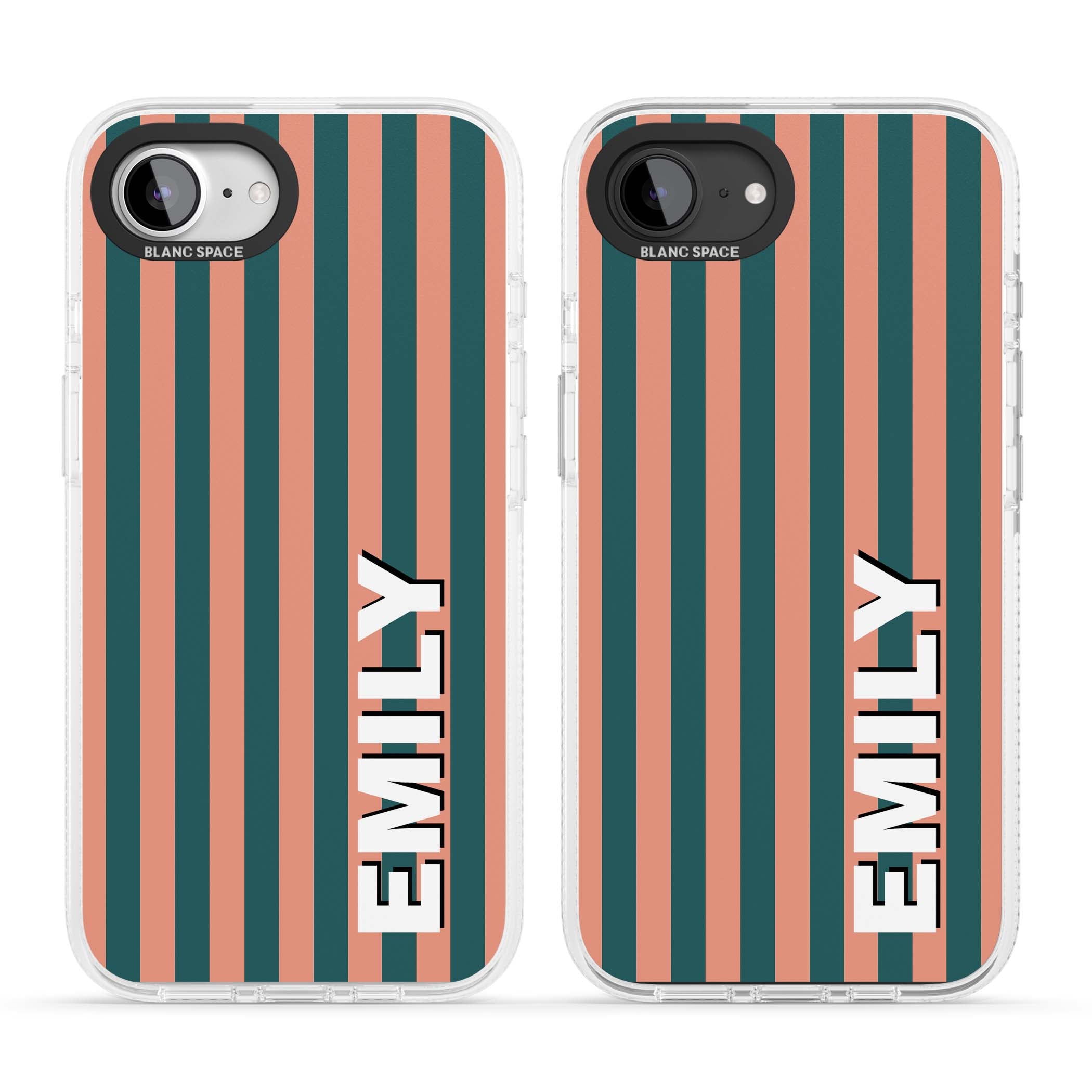 Tuscan Stripe personalised iPhone case featuring coral and green vertical stripes with bold custom name | Clear Case Impact Air case for iPhone 16e, iPhone 17e