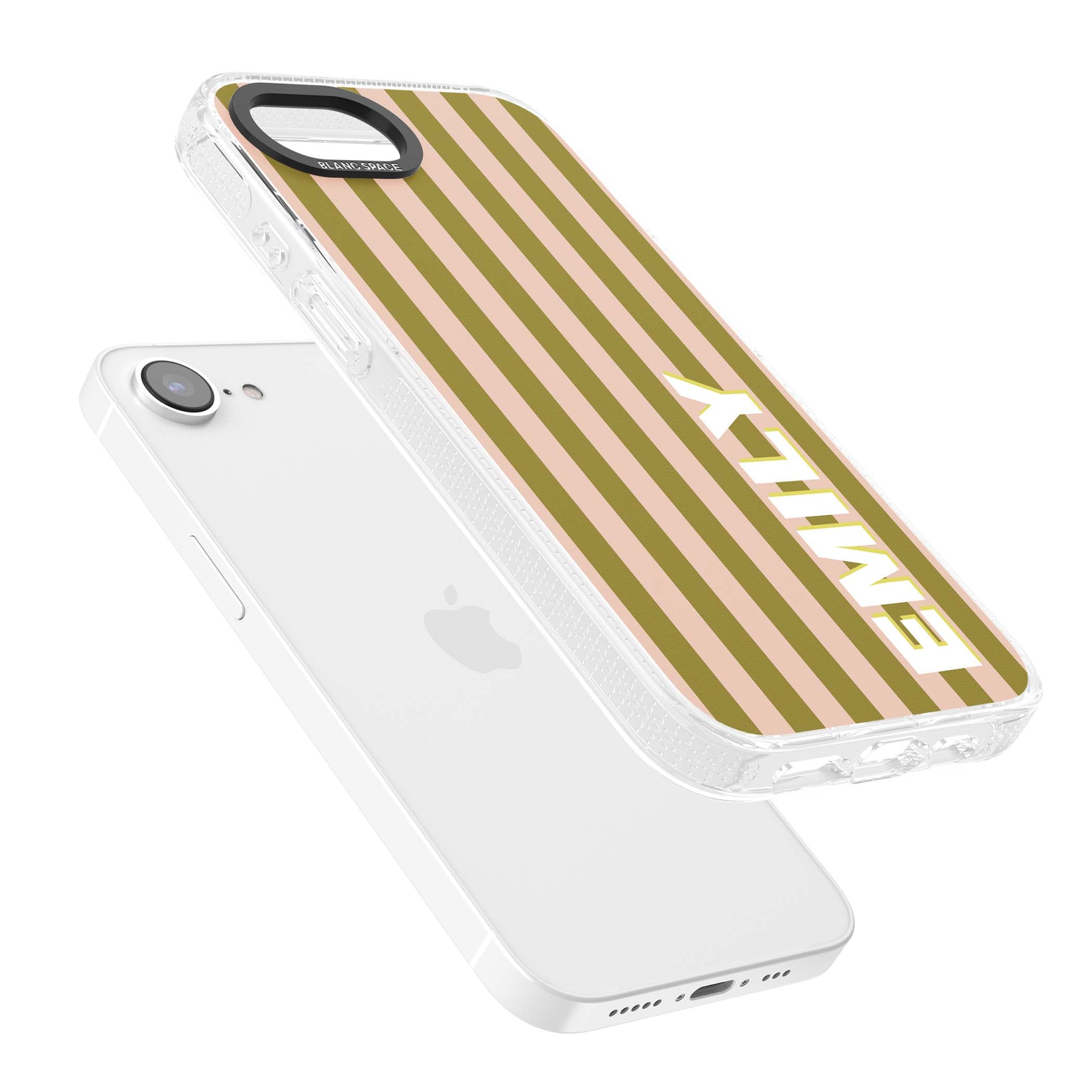 Indian Stripe personalised iPhone case featuring olive green and blush pink vertical stripes with custom name in whit | Clear Case Impact Air case for iPhone 16e, iPhone 17e