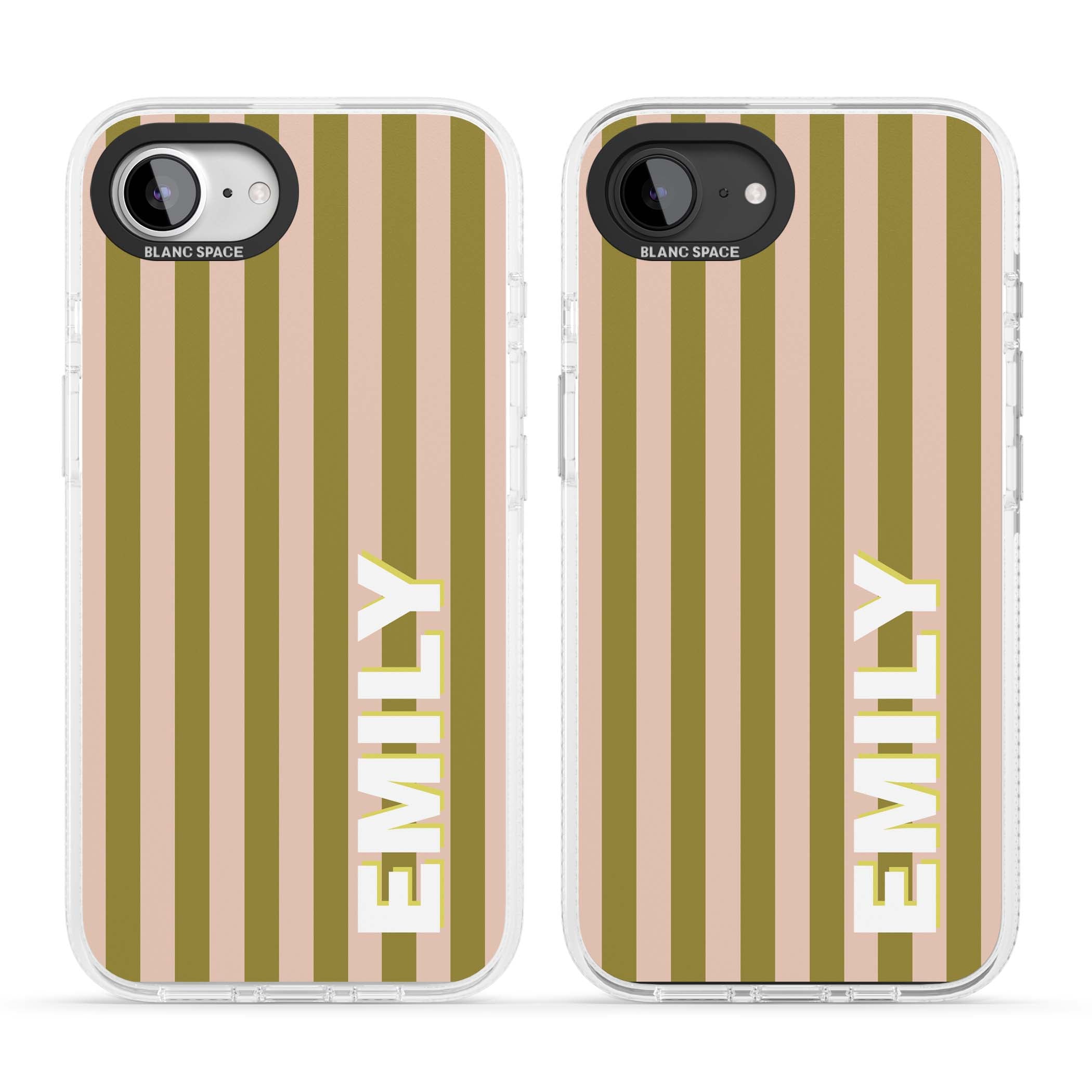 Indian Stripe personalised iPhone case featuring olive green and blush pink vertical stripes with custom name in whit | Clear Case Impact Air case for iPhone 16e, iPhone 17e