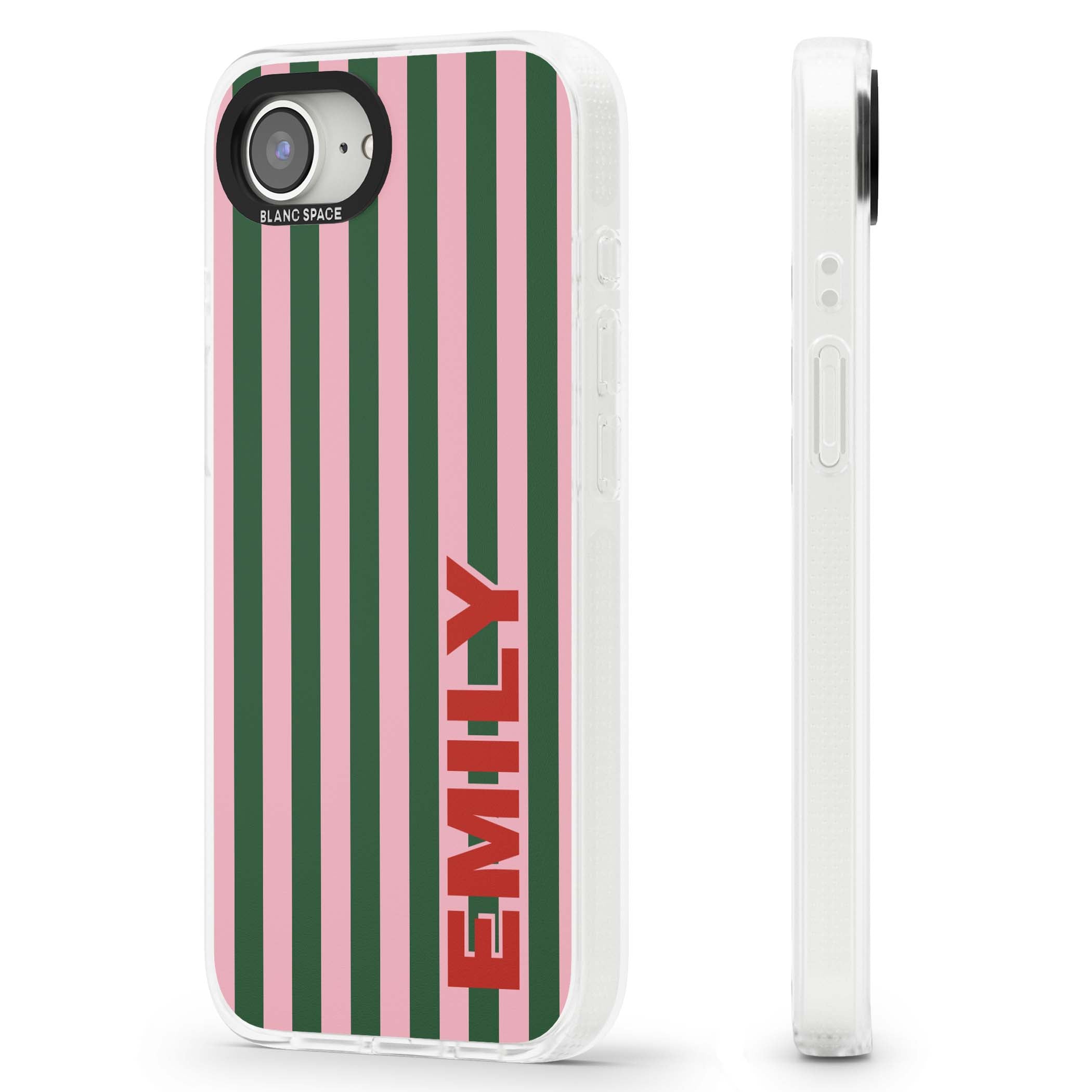 Italian Stripe preppy iPhone case featuring pink and green vertical stripes with personalised red name | Clear Case Impact Air case for iPhone 16e, iPhone 17e