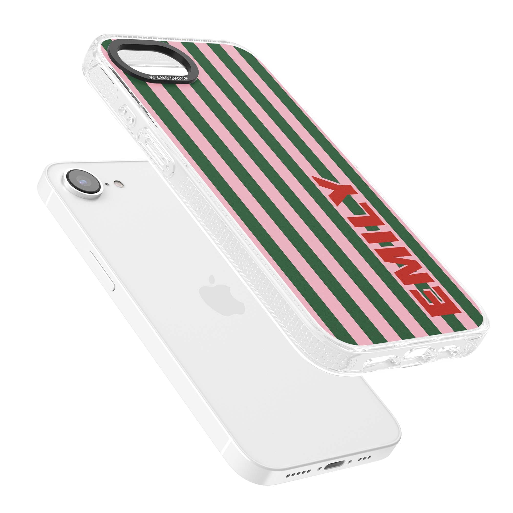 Italian Stripe preppy iPhone case featuring pink and green vertical stripes with personalised red name | Clear Case Impact Air case for iPhone 16e, iPhone 17e