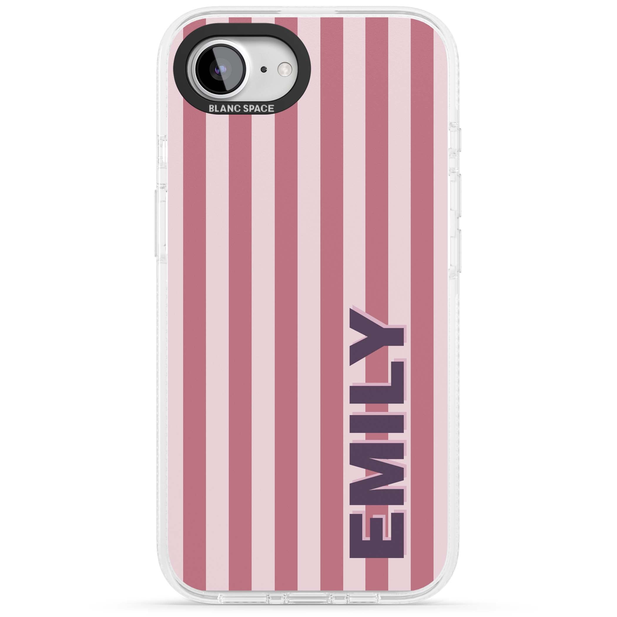 Victoria Stripe personalised iPhone case featuring pink vertical stripes and custom name in bold plum lettering | Clear Case Impact Air case for iPhone 16e, iPhone 17e