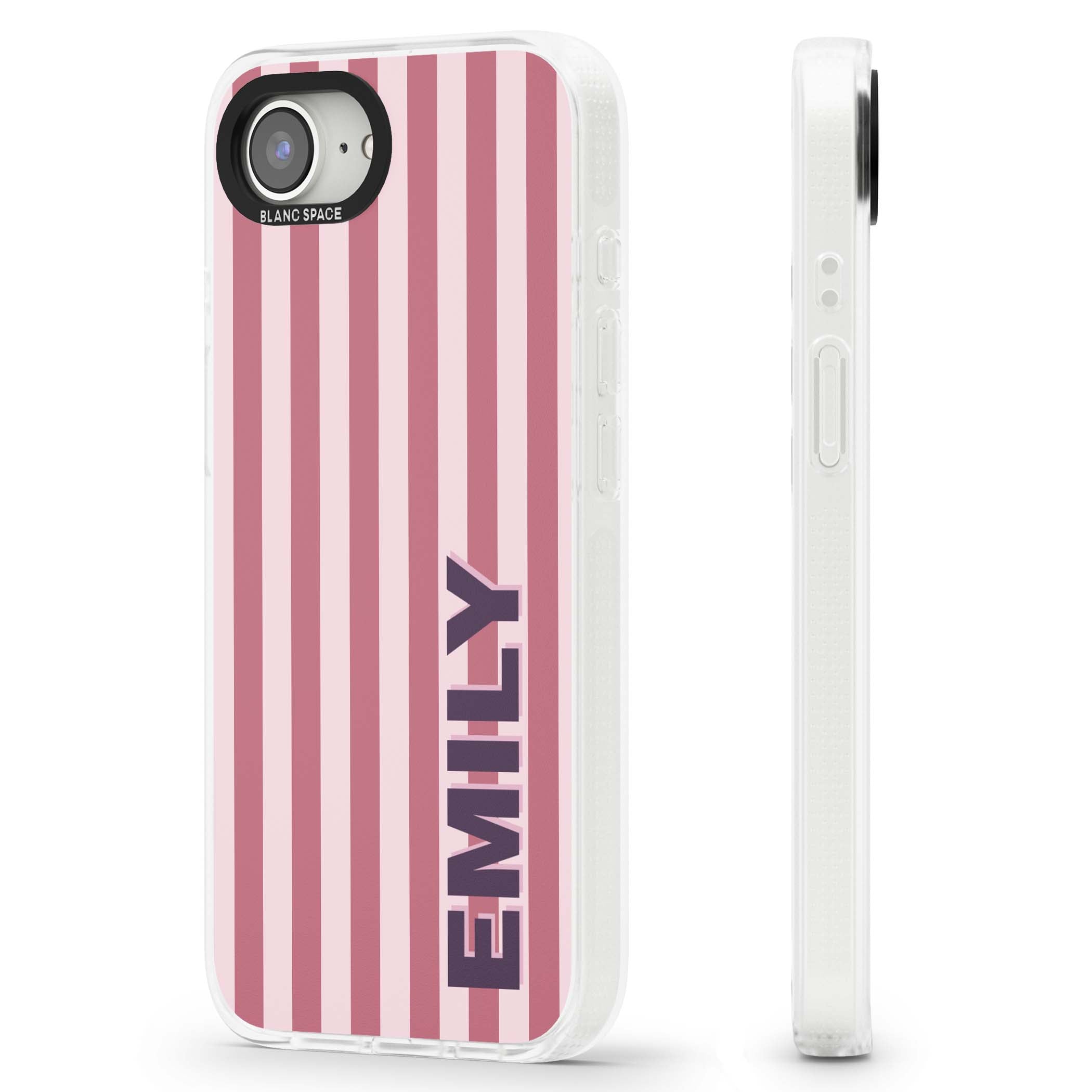 Victoria Stripe personalised iPhone case featuring pink vertical stripes and custom name in bold plum lettering | Clear Case Impact Air case for iPhone 16e, iPhone 17e