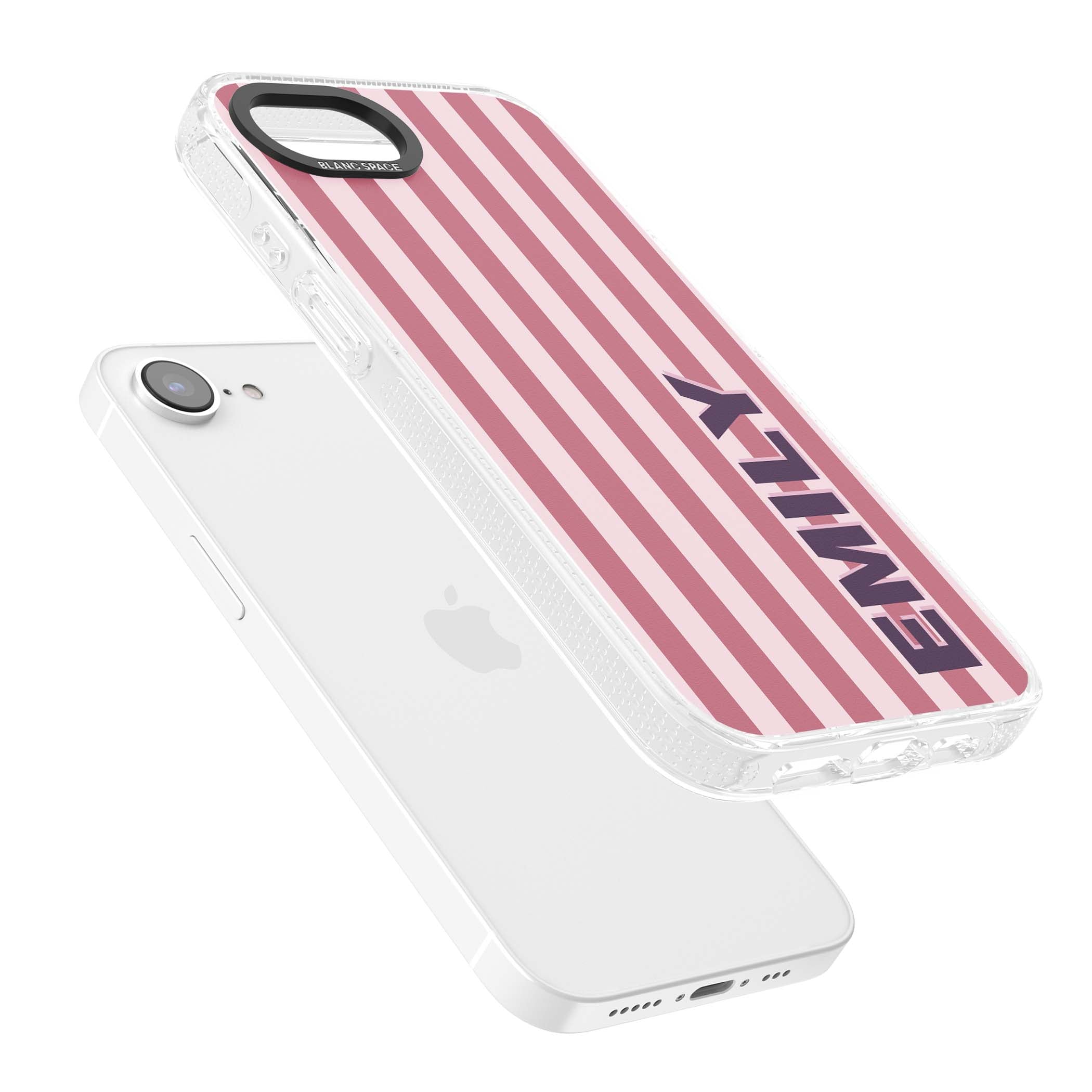 Victoria Stripe personalised iPhone case featuring pink vertical stripes and custom name in bold plum lettering | Clear Case Impact Air case for iPhone 16e, iPhone 17e