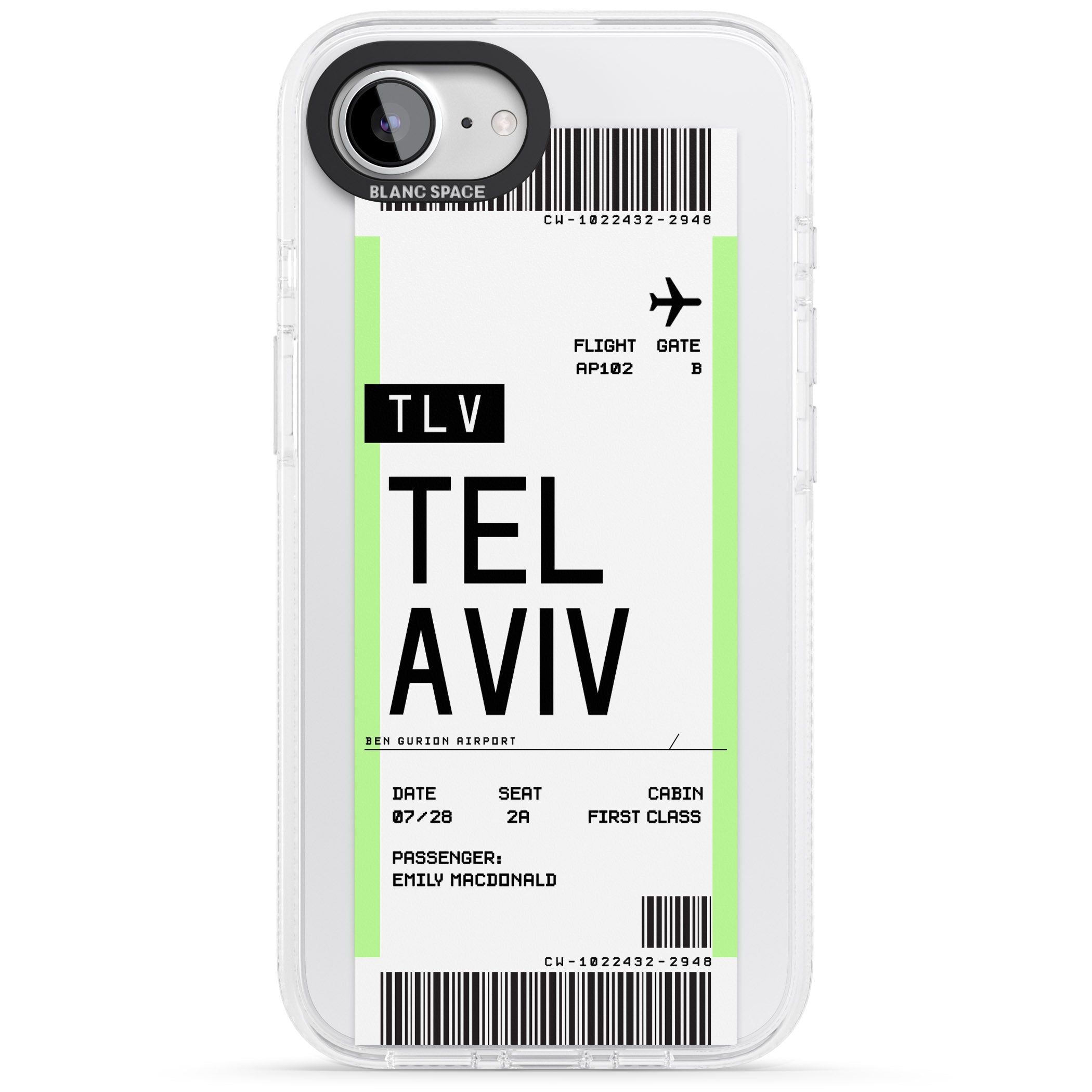Personalised Tel Aviv Boarding Pass iPhone 16e Clear Case Impact Air - Blanc Space