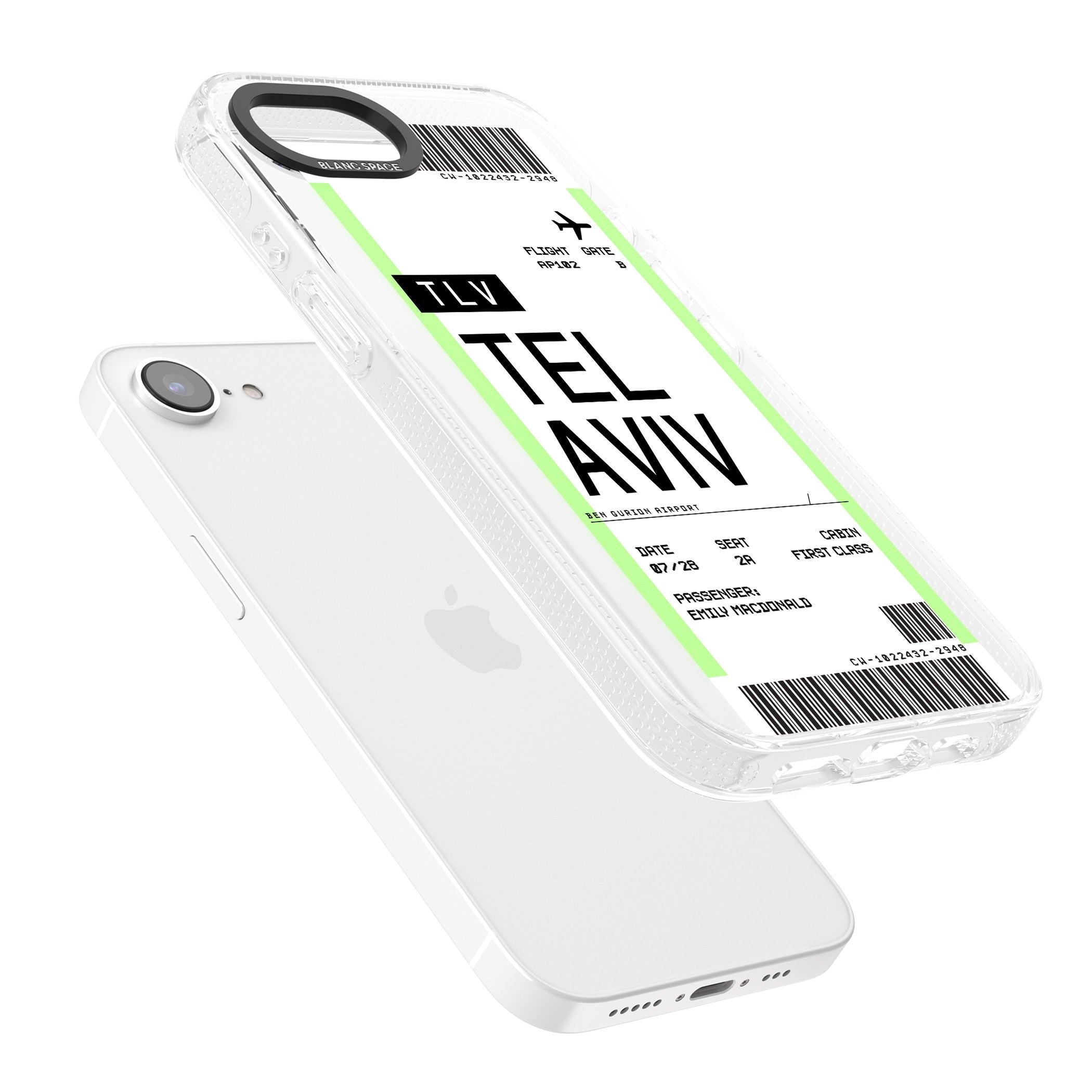 Personalised Tel Aviv Boarding Pass iPhone 16e Clear Case Impact Air - Blanc Space
