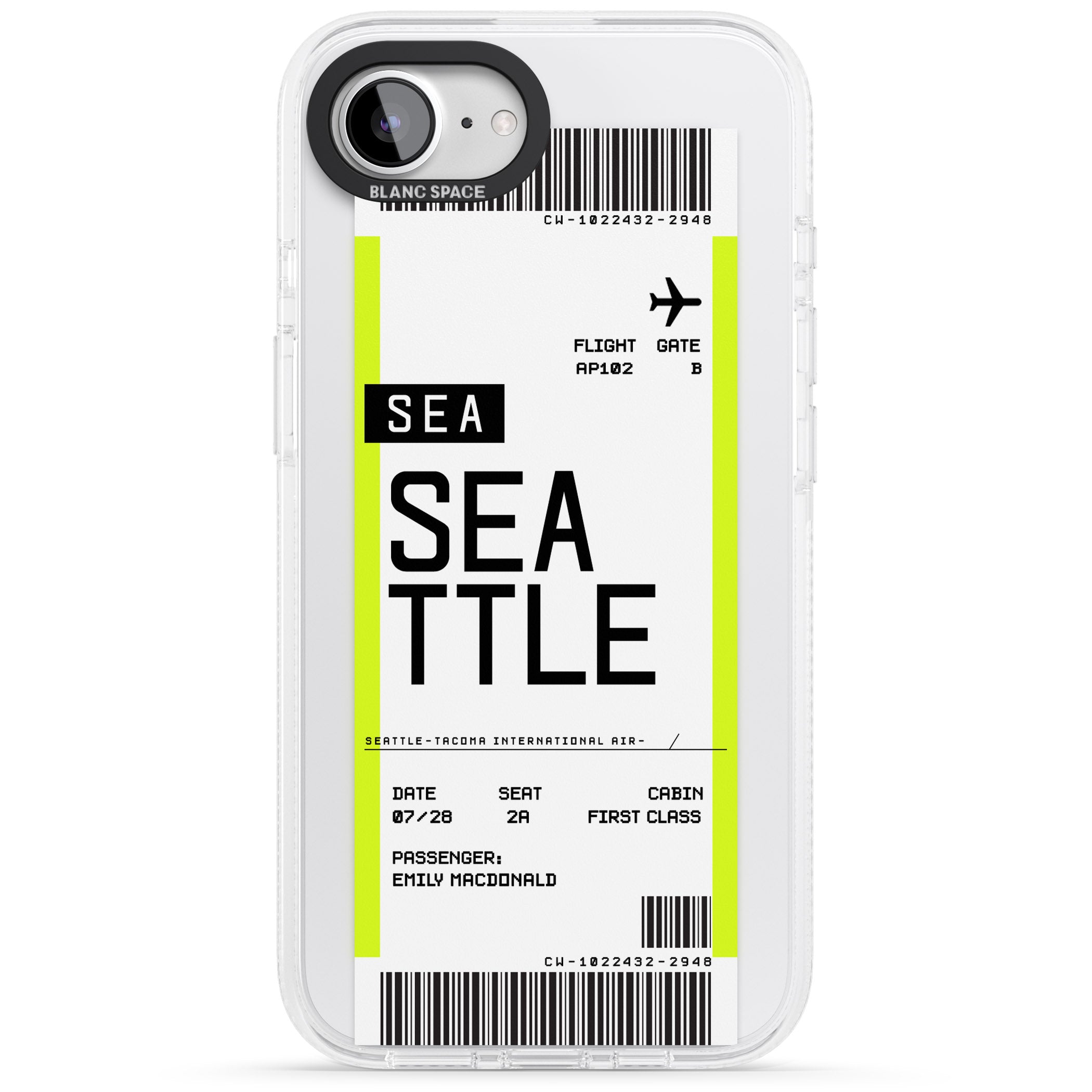 Personalised Seattle Boarding Pass iPhone 16e Clear Case Impact Air - Blanc Space