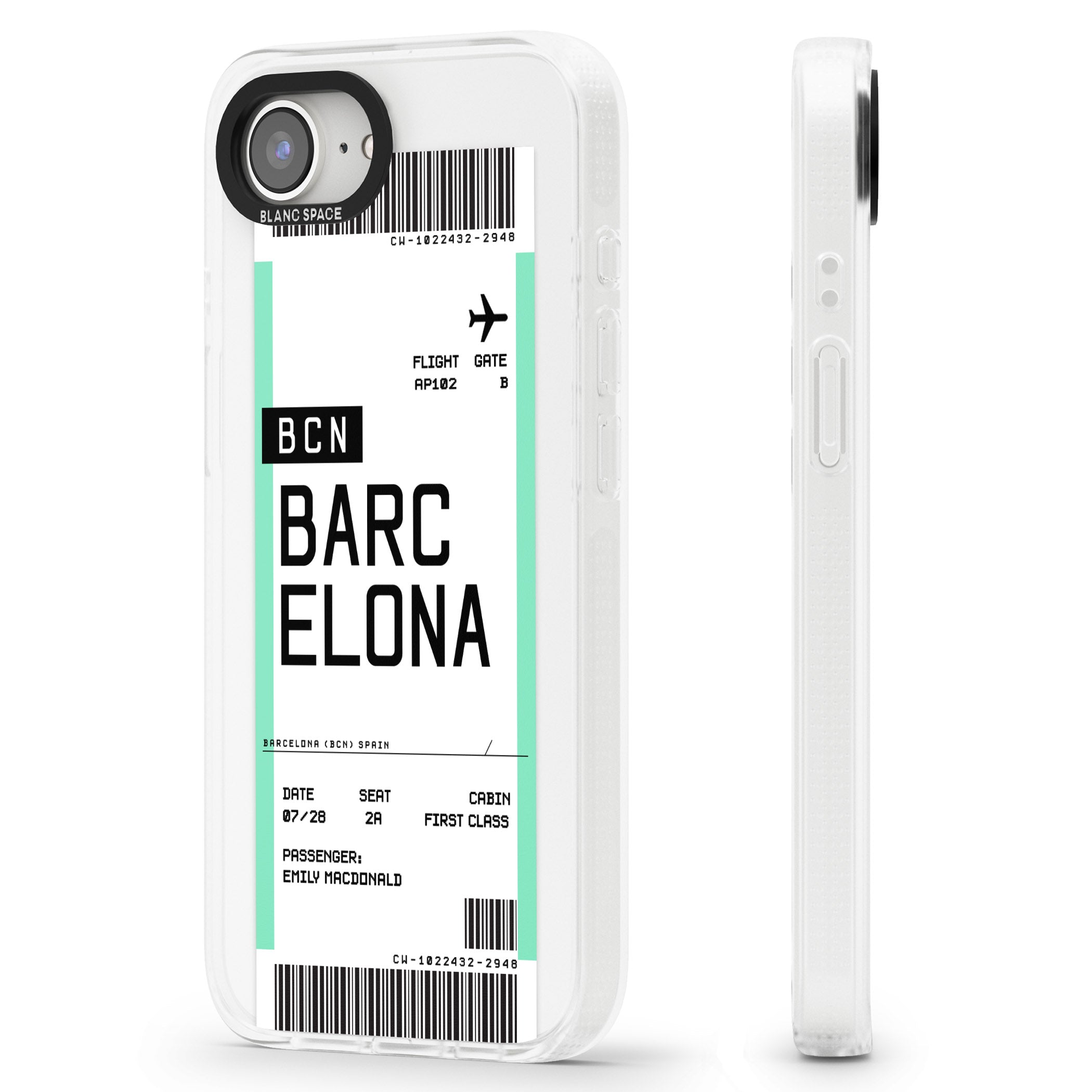 Personalised Barcelona Boarding Pass iPhone 16e Clear Case Impact Air - Blanc Space