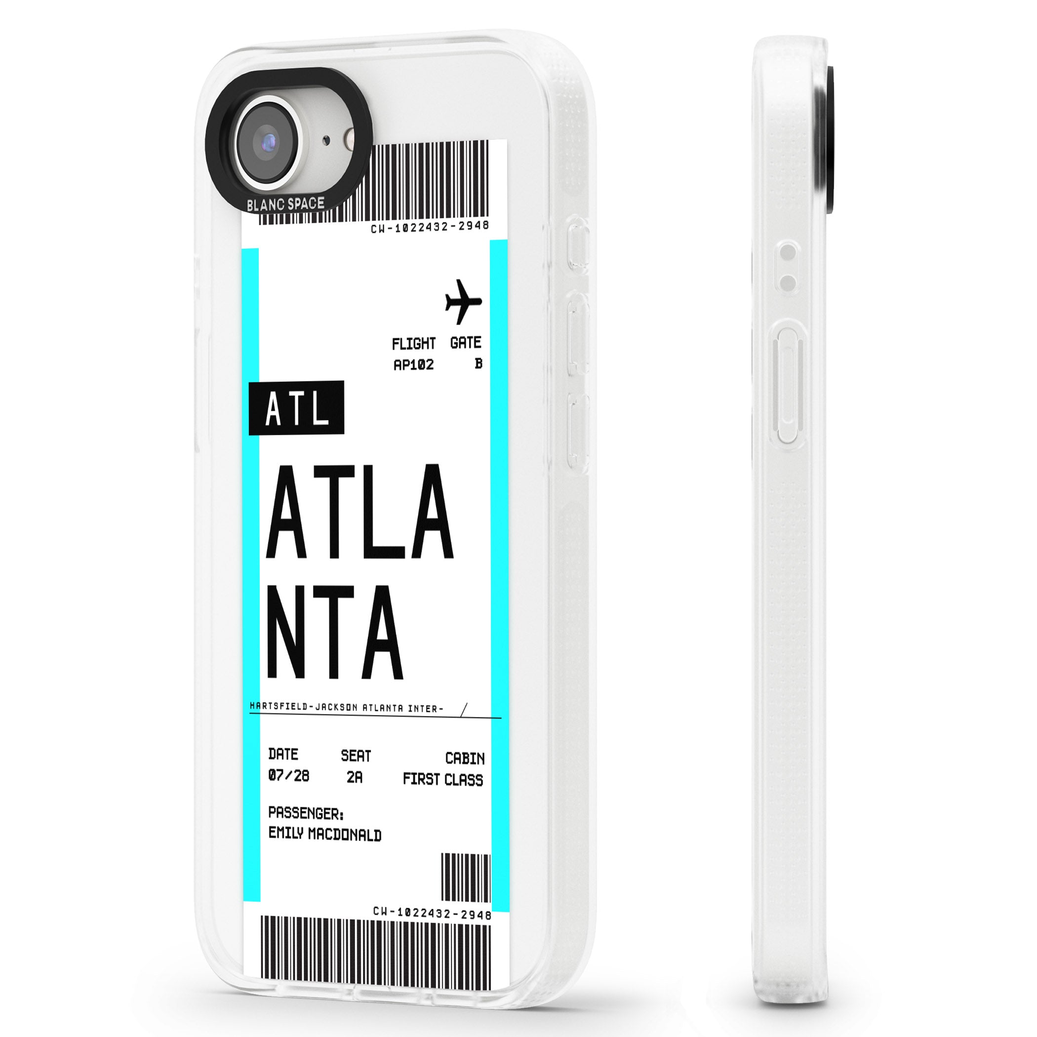 Personalised Atlanta Boarding Pass iPhone 16e Clear Case Impact Air - Blanc Space