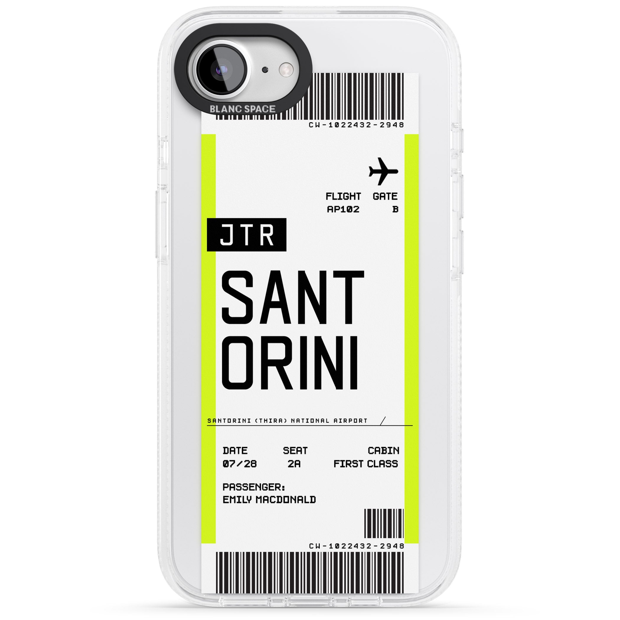 Personalised Santorini Boarding Pass iPhone 16e Clear Case Impact Air - Blanc Space
