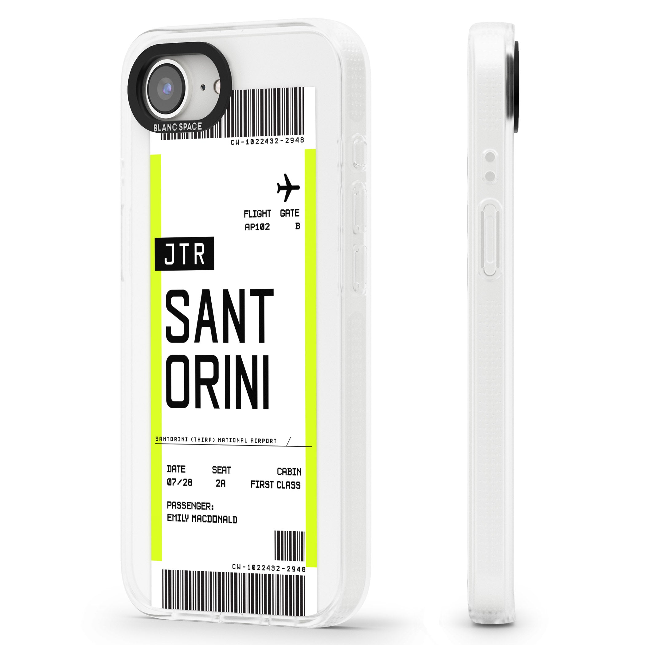 Personalised Santorini Boarding Pass iPhone 16e Clear Case Impact Air - Blanc Space